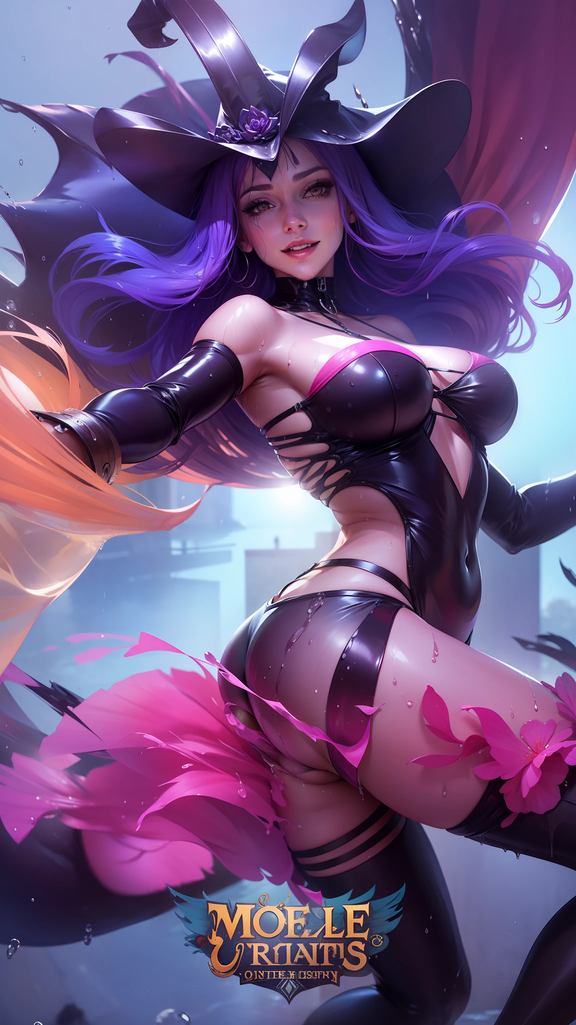 Woman, beautiful witch, pink hair, smile face,soaking, super detail face, skinny wet body, wet transparent bikini,realistic, 8K quality, erotic, sensual pose,big breast, big ass, burnette, milf, high quality, ultra realistic,Wet,
