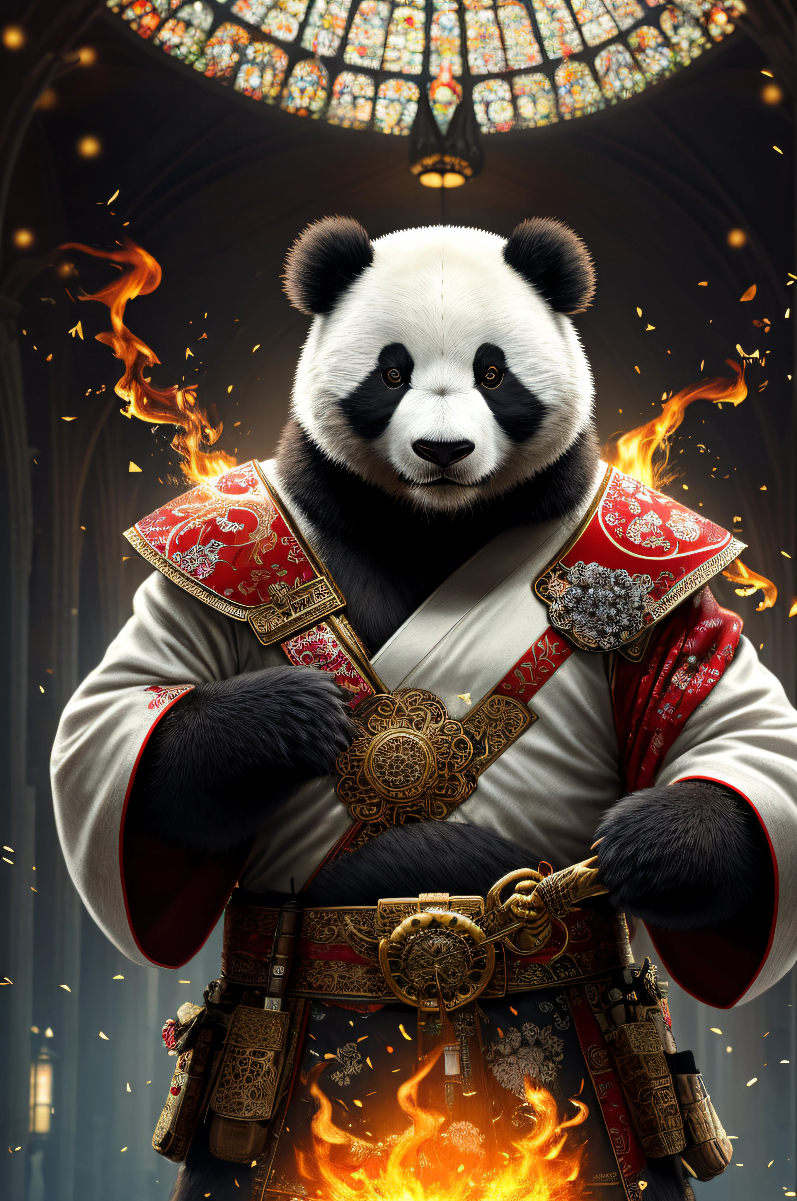 extremely detailed 8k wallpaper), intricate, richly detailed, dramatic, Panda bear with white kimono, ready for combat, Sinister face is drawn with only a pair of red eyes peeking underneath, graphics insanely, light is reflected in the ornaments, bright ashes ooze from the torches in the vaulted passage during the leisurely walk through the gloomy cathedral, Show the whole person with some distance from the surroundings to get your own license.