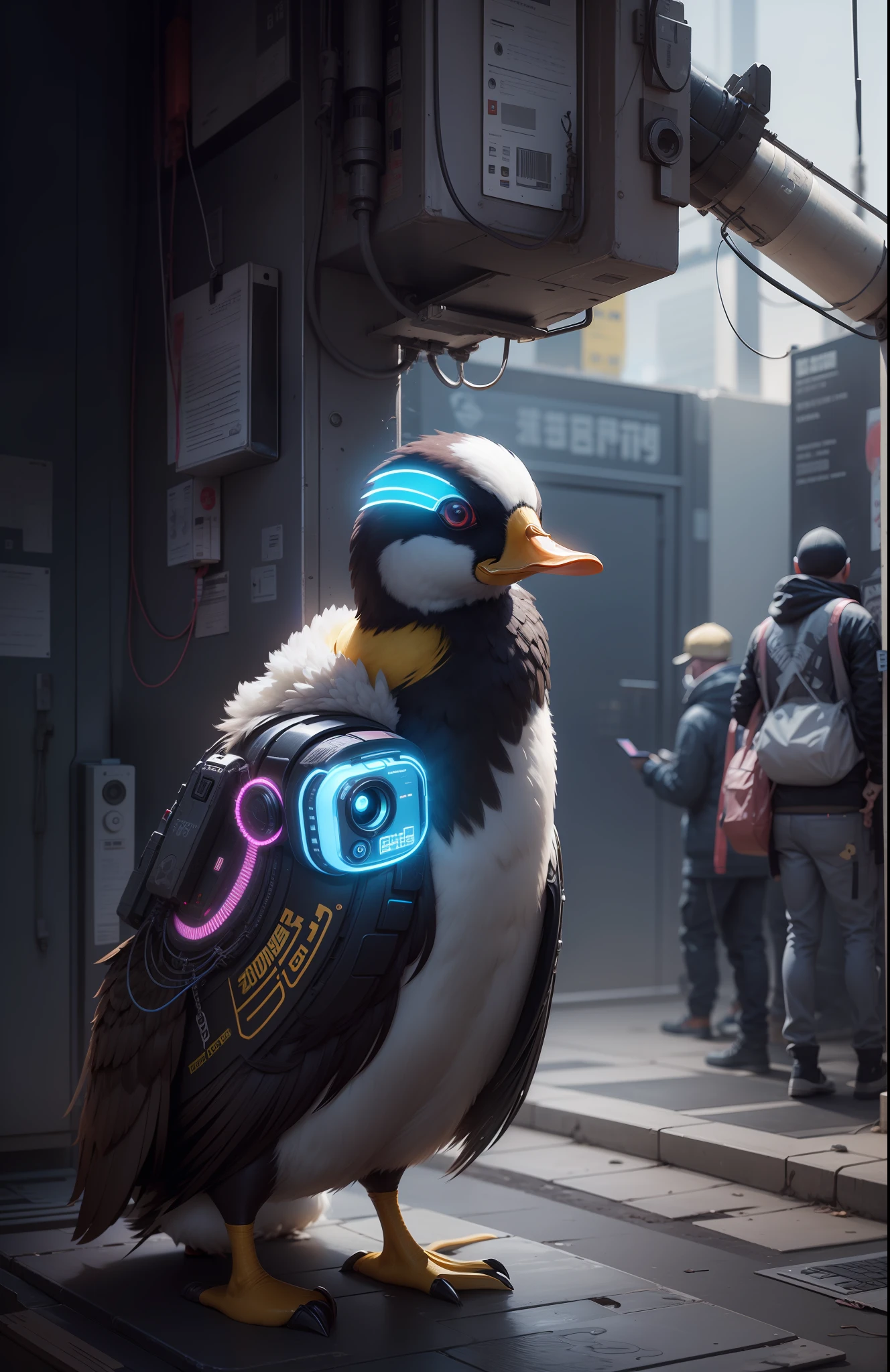 There is only one duck in the whole picture, cyber punk style, Ultimate personality, Unique charm。（No one is allowed to show up，Duck only）