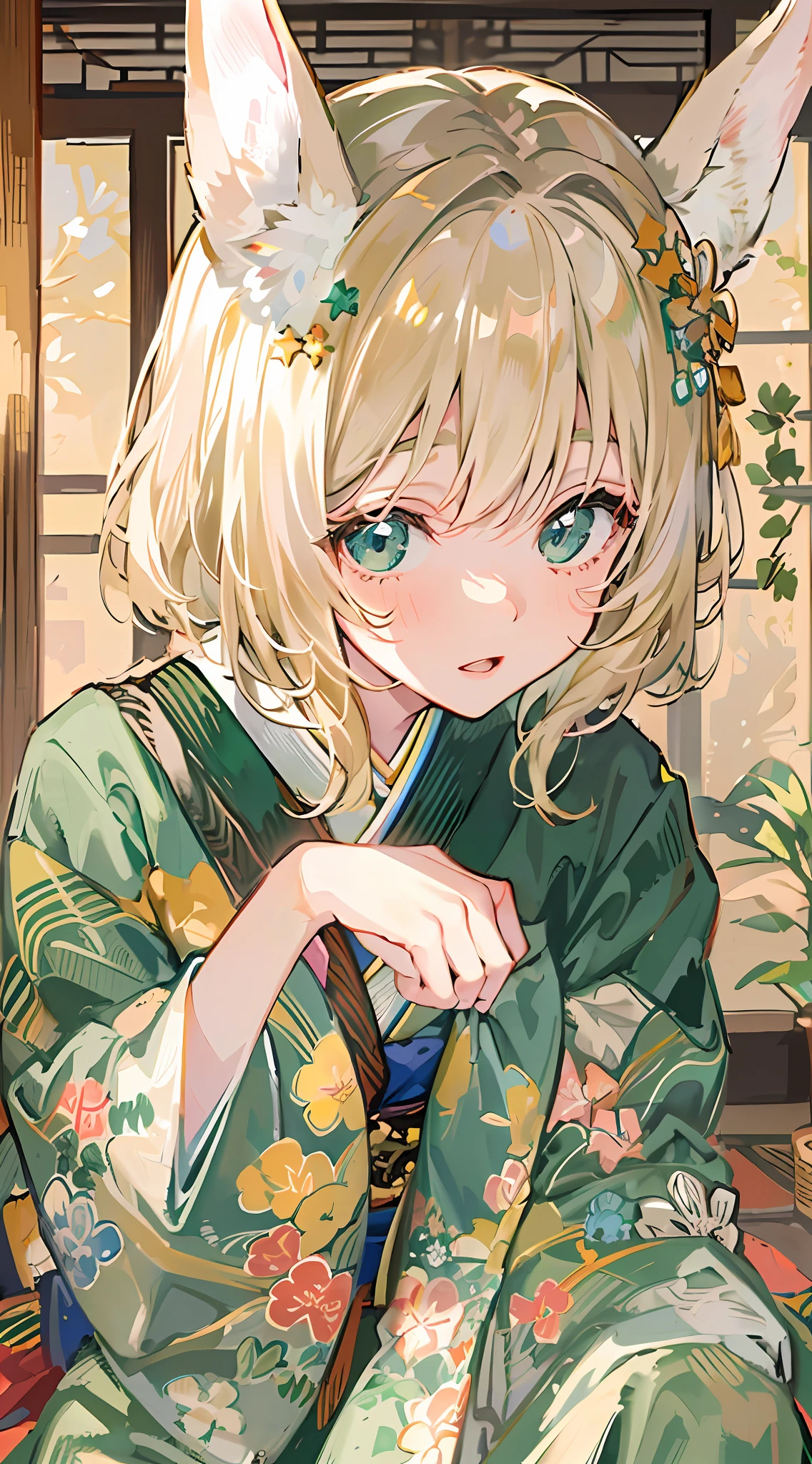 Become a woman。Female with rabbit ears。Blonde short-haired woman。Woman in green kimono、I am in a Japanese-style room。I sit upright。It is an anime-style illustration。Beautiful with the best image quality。