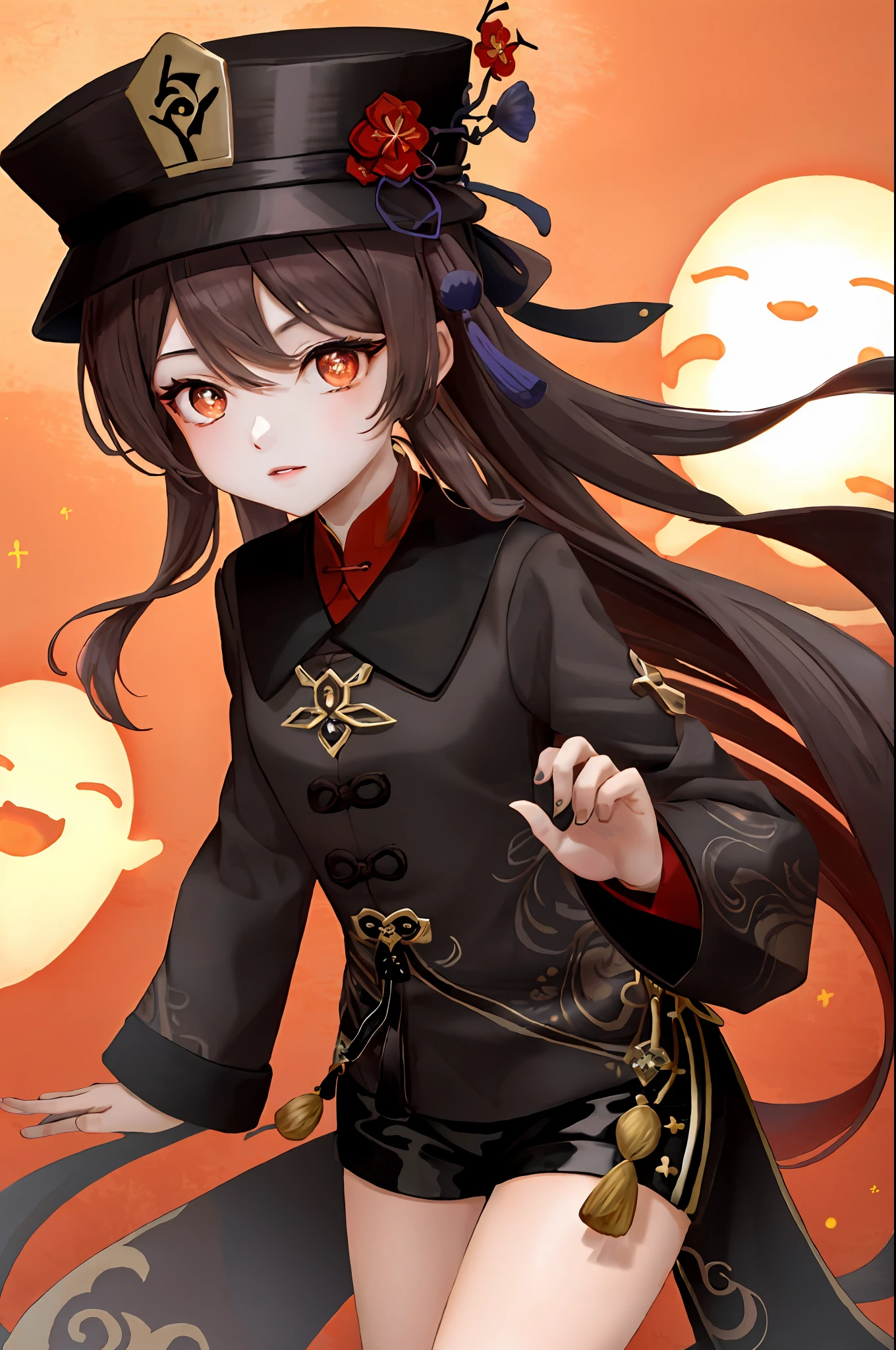 masterpiece, best quality,
1girl, hu tao (genshin impact), boo tao,hat, red eyes, twintails, brown hair, solo, symbol-shaped pupils, long hair,bangs, black shorts , chinese clothes,