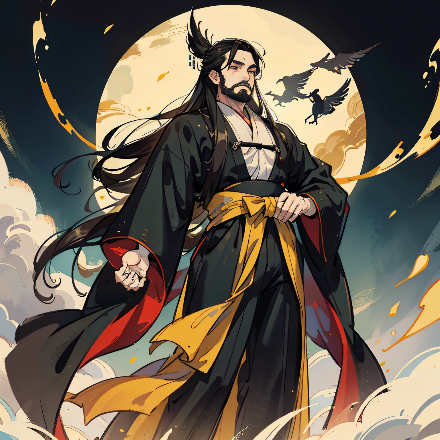 a chinese male,Wearing a Chinese black robe,Long black beard,long whitr hair,Bunched hair,Slightly fat,musculature,Yellowish facial skin,Lips slightly open,Stand on the roof,With the sky as a background,There are cranes flying in the sky,Full body like,Side Body,Pay attention to image quality,Ink painting style --auto