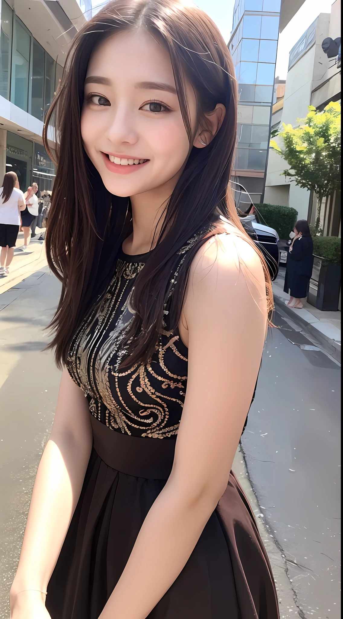 ((Best quality, 8k, Masterpiece :1.3)), 1girl, smiling, full body, slim face, Pretty woman, (Dark brown hair), full length dress :1.1, Ultra-detailed face, Detailed eyes, Double eyelid, blur background, slim face, city, outside, street,