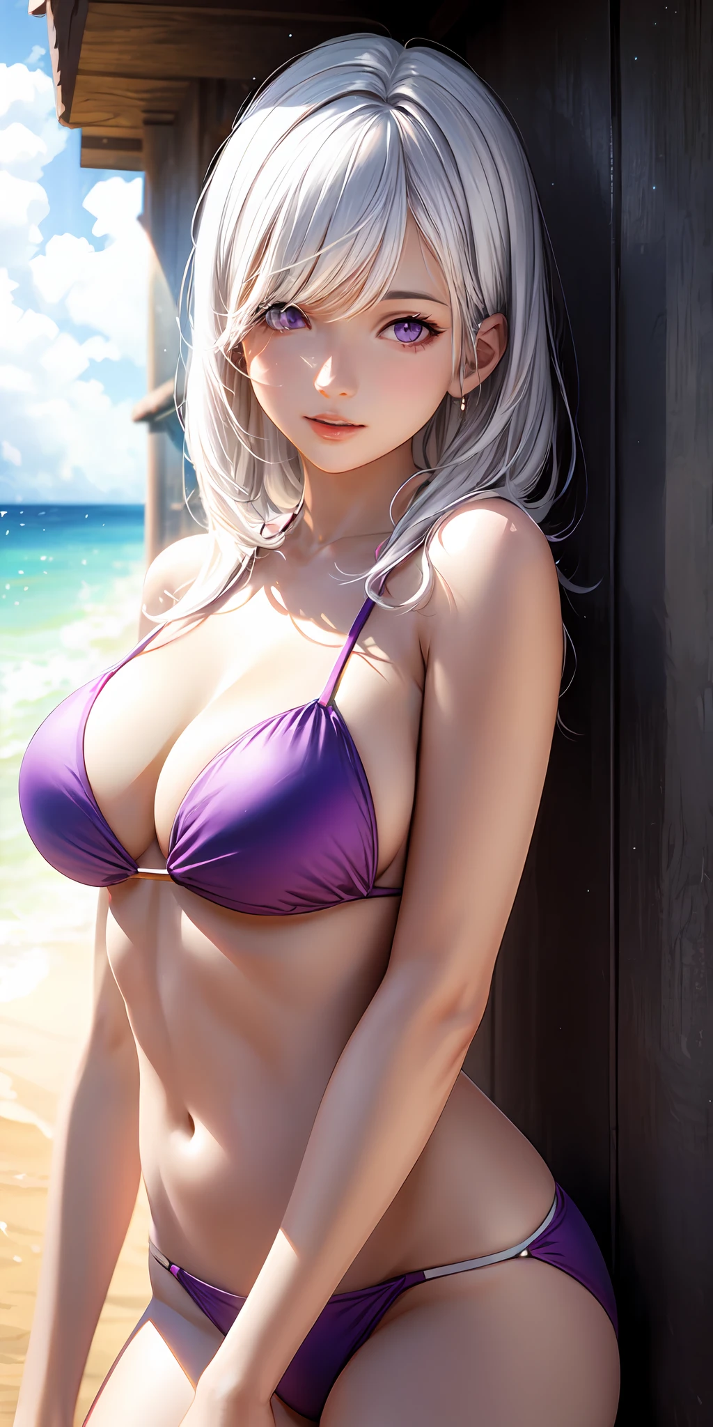 realistic, 1girl, white hair, purple eyes, bikini, beach, light particles, light rays, wallpaper