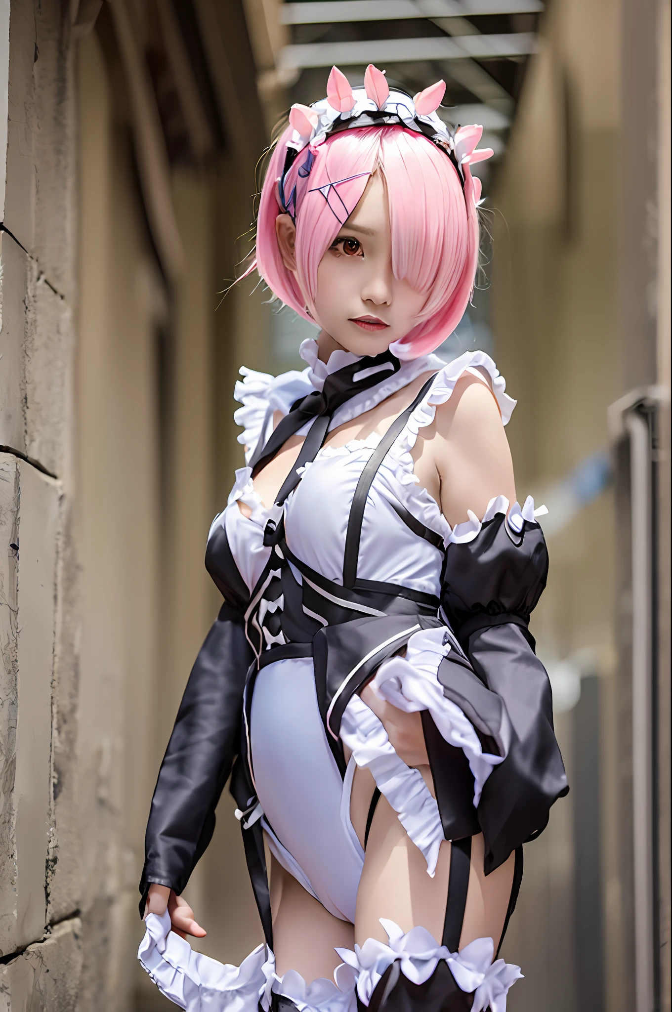 masterpiece, top-quality, Hi-Res, (((Evil Fall))), (((((Leotard))))), (Hollow eyes), ((Colossal tits)), (((neck tie))), (((magical girl))), Ram, 1girl in, 独奏, (((Standing picture))),Ram(Re:Life in another world starting from scratch), A pink-haired, white thighhig, (((short-hair))), red eyes, Hair above one eye, ((frilld)), Maid headdress, ((garter strap)), Enamel material, Glossy material