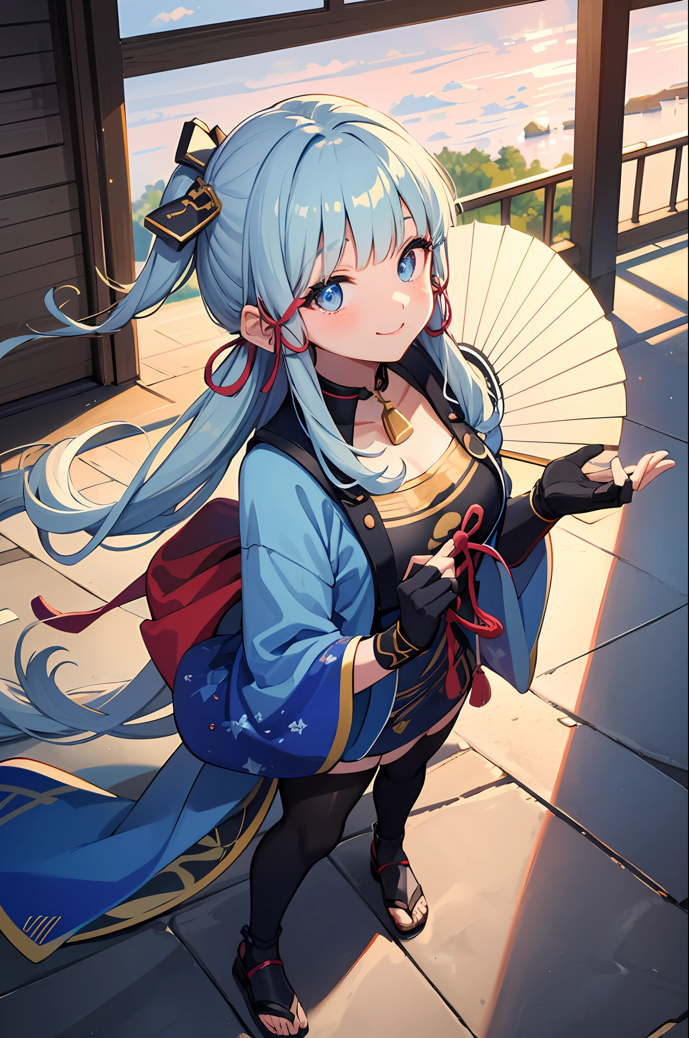 (((masterpiece))), 4k res, highly detailed, (((extremely detailed eyes))), detailed background, cinematic lighting, crystal clear eyes, high quality, highres, ultra-detailed, 8k, best quality, 1girl, solo, shadow, backlighting, light particles, Thick Eyelashes, Wide Sleeve, thick thighs, (masterpiece:1.3), (the best quality:1.2), (super fine illustrations:1.2), (Masterpiece), high quality, high detail,(SOLO:1.4),((round image)), whole body, 1girl, kamisato ayaka, smile, blush, closed mouth, cryokinesis, thick, village, medium breasts, house japanese, from above, hand fan, fingerless gloves, thick thighs, outdoors,