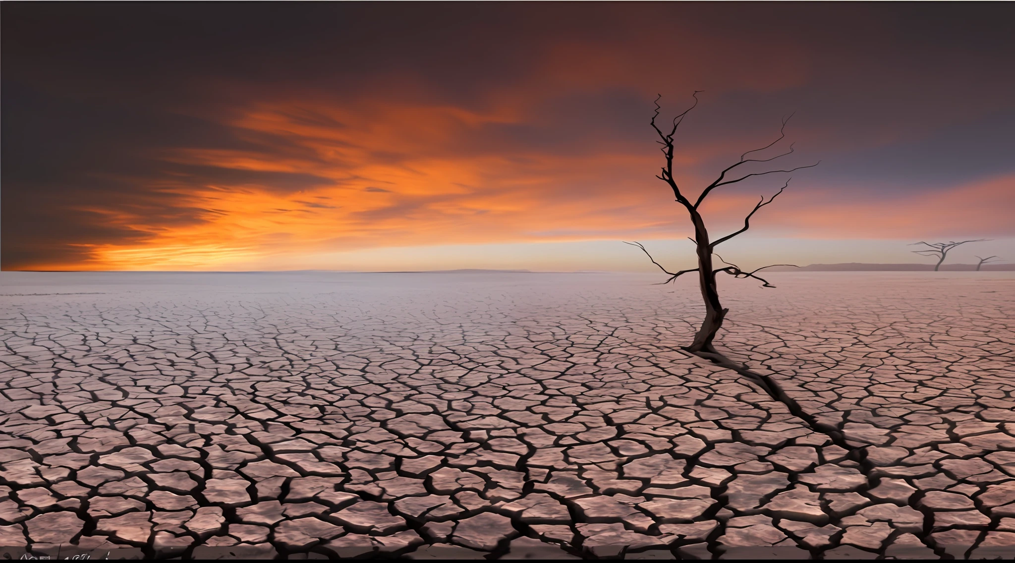 A lone tree in a barren area，The background is sunset, Barren dryland, In the desert of burning soil, Cracked earth, scorched earth, drought, The dry lake bed ruptures, dry landscape, barren landscape, Desolate land, Dry desert, stark landscape, Desolate wasteland, Soft cracks, On the desolate plains, arid ecosystem, dead tree