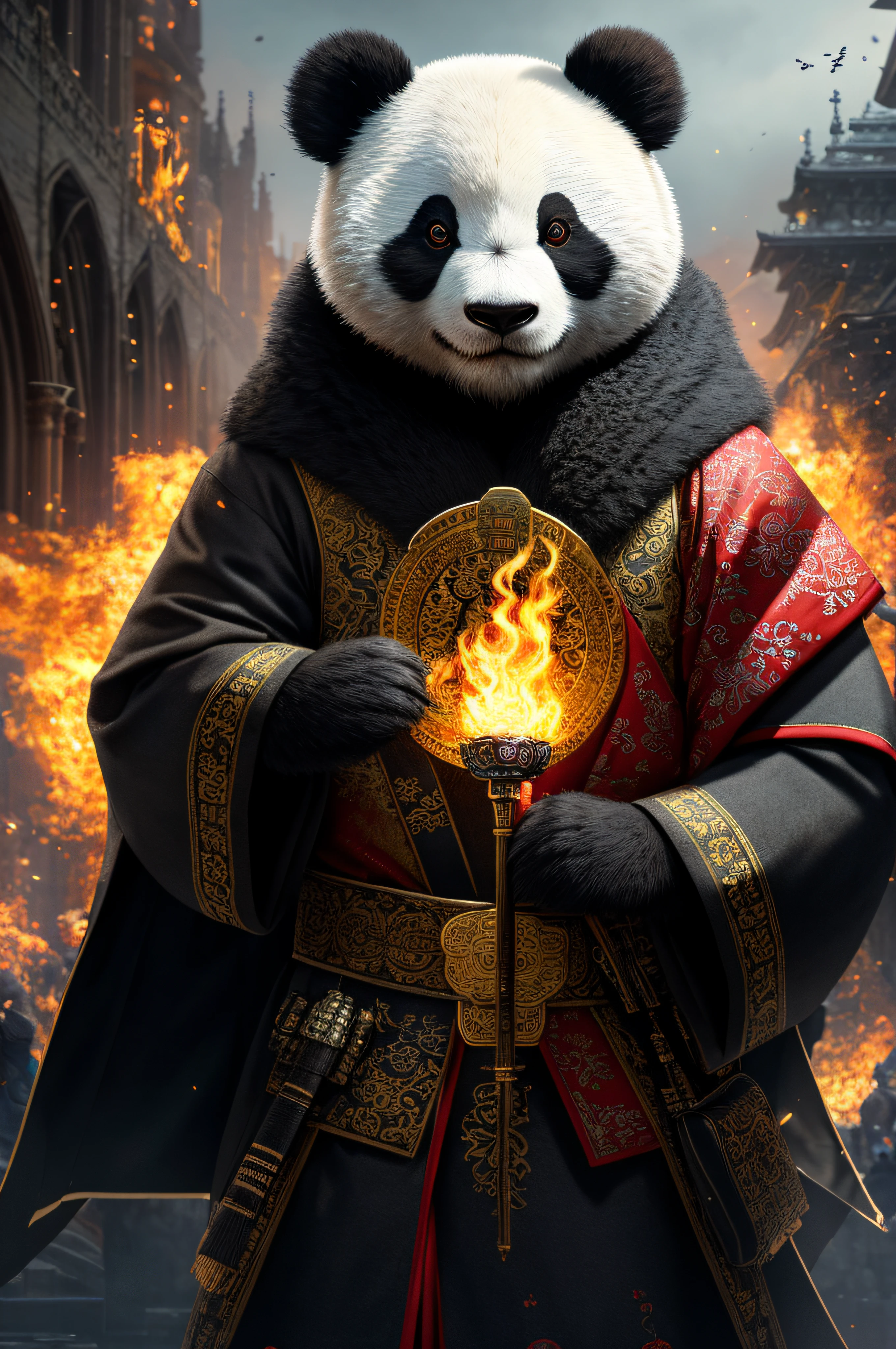 extremely detailed 8k wallpaper), intricate, richly detailed, dramatic, Panda bear with white kimono, ready for combat, Sinister face is drawn with only a pair of red eyes peeking underneath, graphics insanely, light is reflected in the ornaments, bright ashes ooze from the torches in the vaulted passage during the leisurely walk through the gloomy cathedral, Show the whole person with some distance from the surroundings to get your own license.