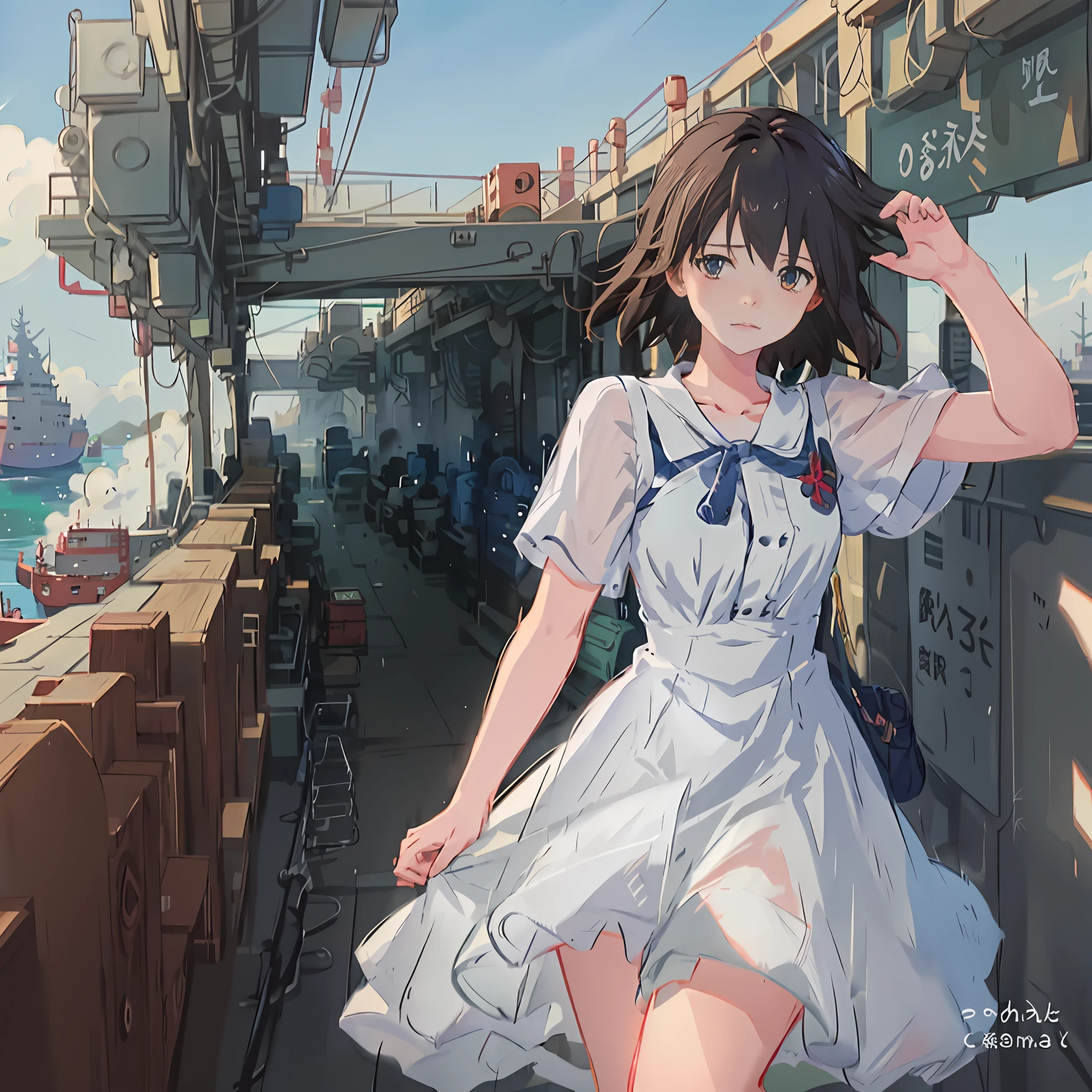 Girl wearing a white dress on board, Guviz-style artwork, Makoto Shinkai and Artgerm, Guviz, Makoto Shinkai. A digital rendering, Makoto Shinkai. High detail, Guweiz on ArtStation Pixiv, in the style of makoto shinkai, Guweiz in Pixiv ArtStation，Rich background，Port vessels