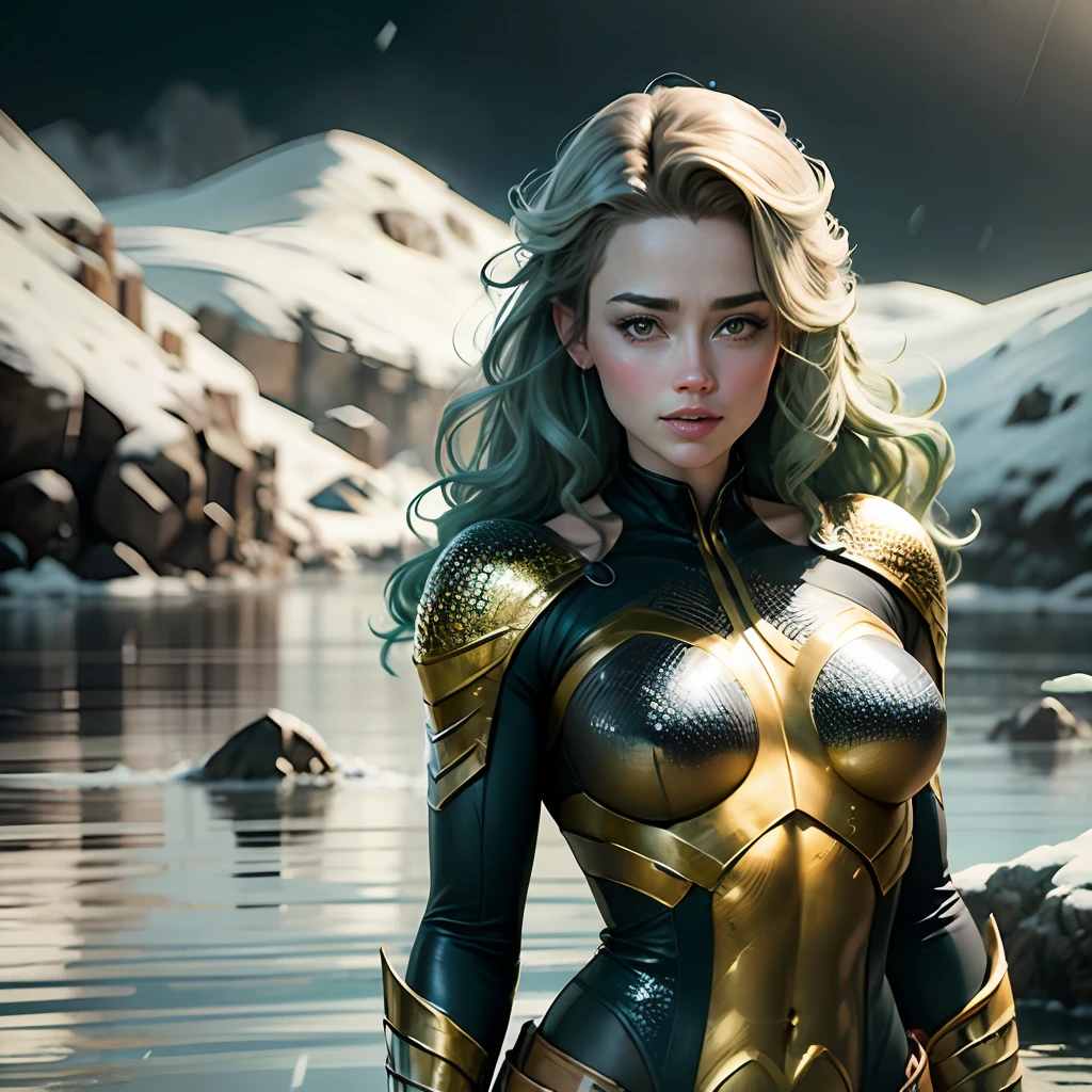 Realistic photographs by amber heard of aquaman –chaos 60, traje pegado al cuerpo de color verden cabello largo de color rojo, maquillaje delgado, Medium breast size, sonrisa leve, capa puesta color verde claro, parada en la nieve, nevada, primer plano borroso, over exposure, desenfoque de movimiento, cinematography lighting, UHD, 16k (aspect ratio 1:1) --auto --s2
