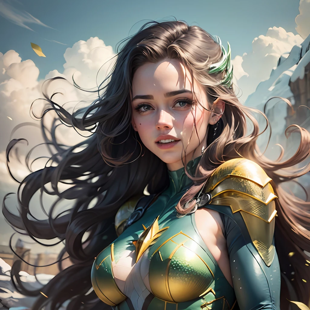 Realistic photographs by amber heard of aquaman –chaos 60, traje pegado al cuerpo de color verden cabello largo  de color rojo, maquillaje delgado, Medium breast size, sonrisa leve, capa puesta color verde claro, parada en la nieve, nevada, primer plano borroso, over exposure, desenfoque de movimiento, cinematography lighting, UHD, 16k (aspect ratio 1:1) --auto --s2