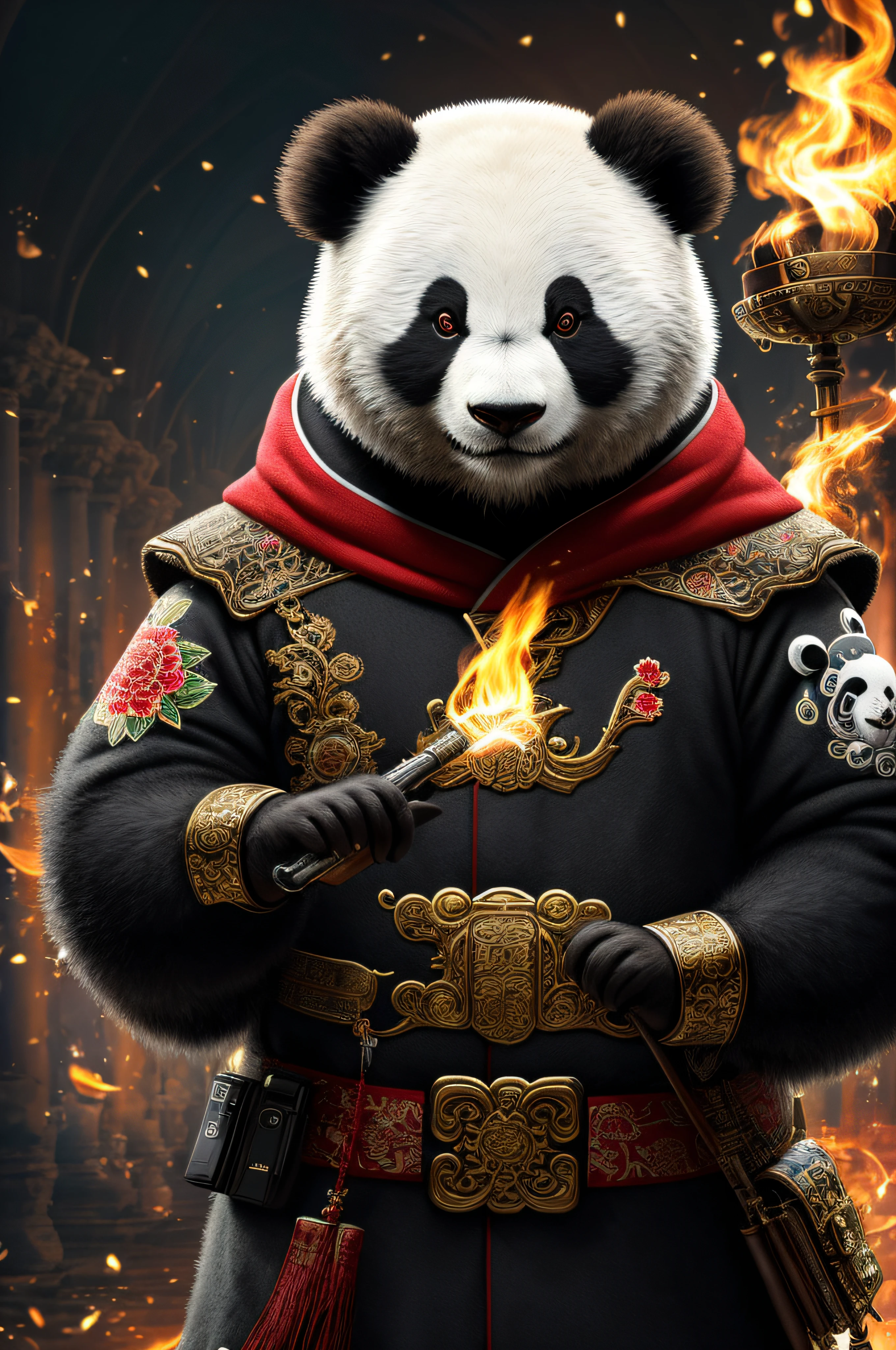 extremely detailed 8k wallpaper), intricate, richly detailed, dramatic, Panda bear with white kimono, ready for combat, Sinister face is drawn with only a pair of red eyes peeking underneath, graphics insanely, light is reflected in the ornaments, bright ashes ooze from the torches in the vaulted passage during the leisurely walk through the gloomy cathedral, Show the whole person with some distance from the surroundings to get your own license.