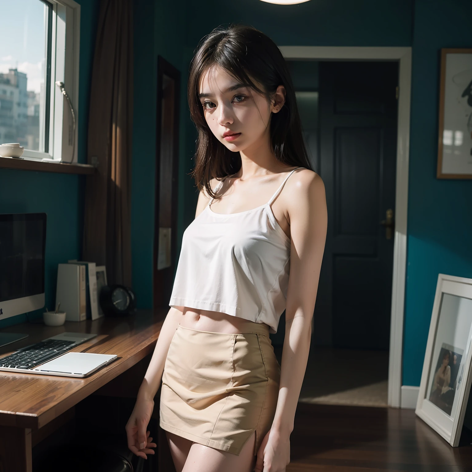 1GIRL、8K、RAW Photography、top-quality、​masterpiece、realisitic、A city scape、moonlights、a miniskirt、camisole、natta、Photorealsitic