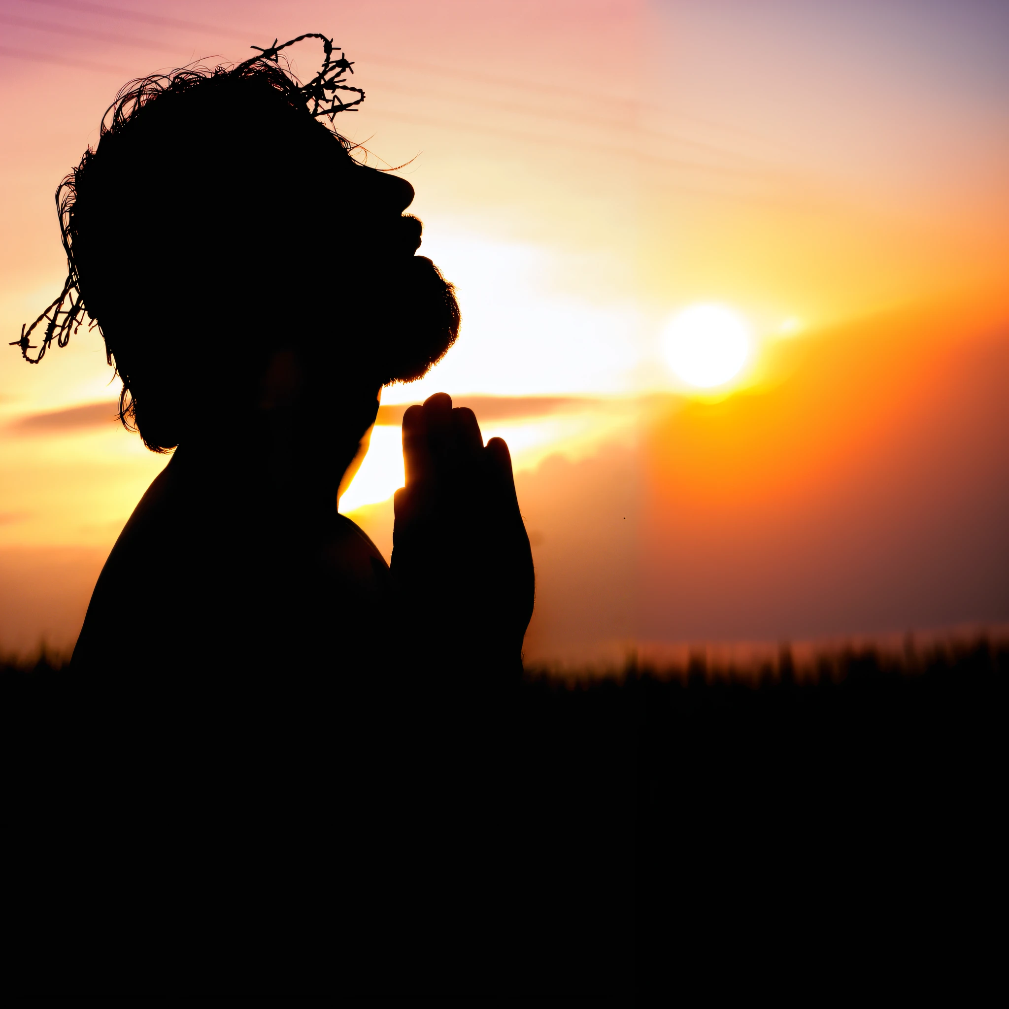 Silhouette of a man with hands clasped together in prayer, Rezando ao Sol, praying, holy man looking down at the ground, orar meditando, kneeling in prayer, doing a prayer, silhueta de um homem, silhueta do homem, Prayer, during sunset, night setting, durante o nascer do sol, setting sun, Rezar com tabaco, praying posture, sun behind him, during a sunset