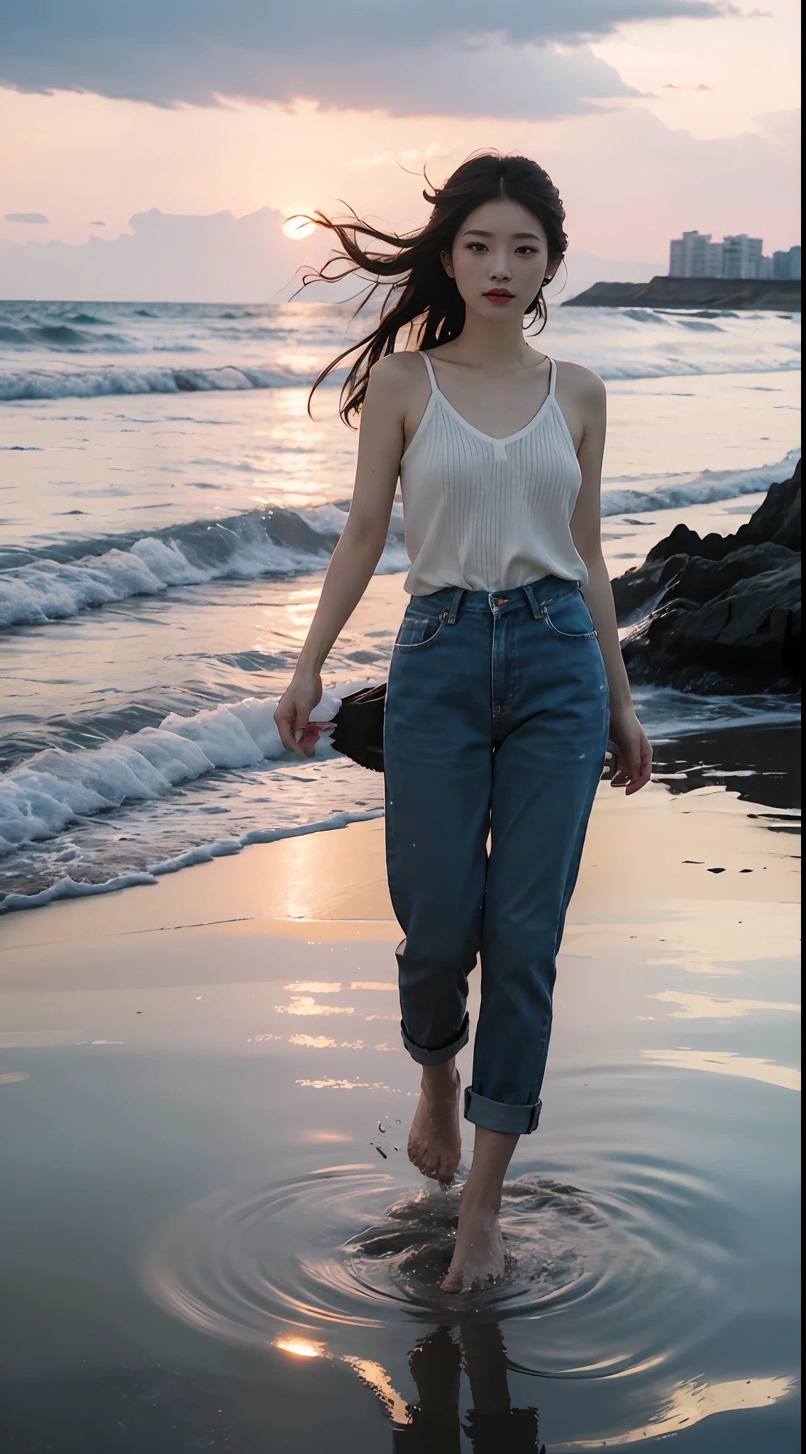 Vampire wedding, 1girll,polo, Solo,, denim pant, water,standing on liquid, Reflection, Sunset, Sea,Barefoot,Roll up the trouser legs，swell sea，Gulangyu Island，light wind
