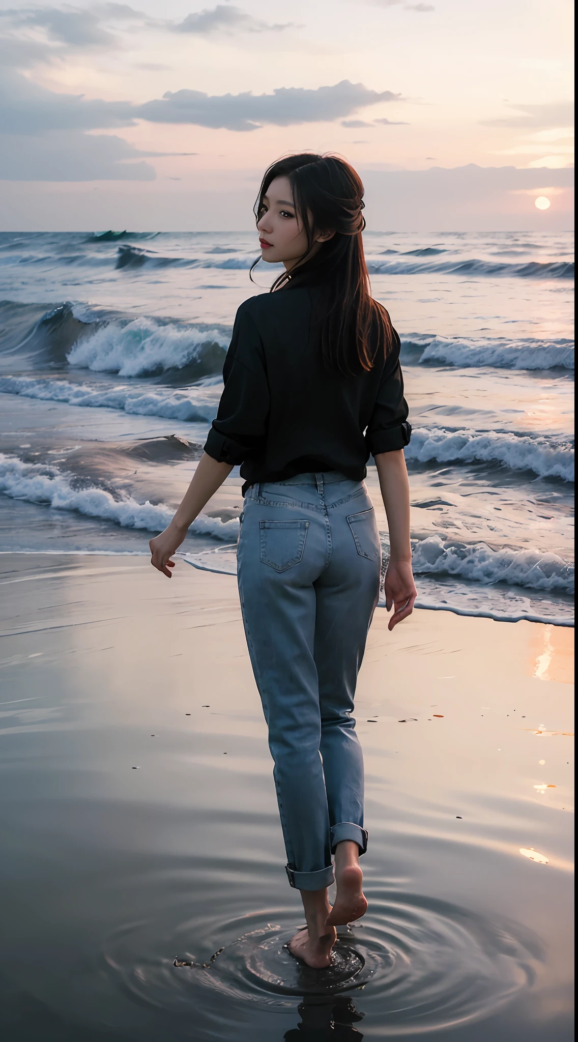 Vampire wedding, 1girll,polo, Solo,, denim pant, water,standing on liquid, Reflection, Sunset, Sea,Barefoot,Roll up the trouser legs,swell sea,Gulangyu Island,light wind