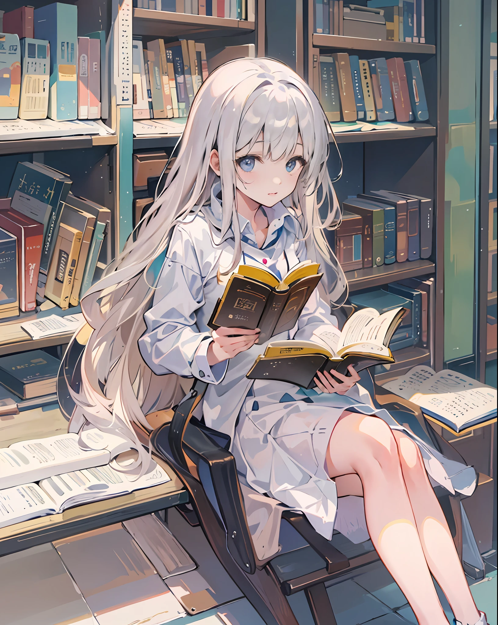 anime girl sitting on a bench reading a book in a library, Guviz-style artwork, from girls frontline, Fine details. Girl front, girls frontline style, Guweiz in Pixiv ArtStation, Anime girl with long hair, up of young anime girl, portrait anime girl, Portrait of an anime girl, drawn in anime painter studio, Reading a book，White color hair，whaite hair，long  white hair