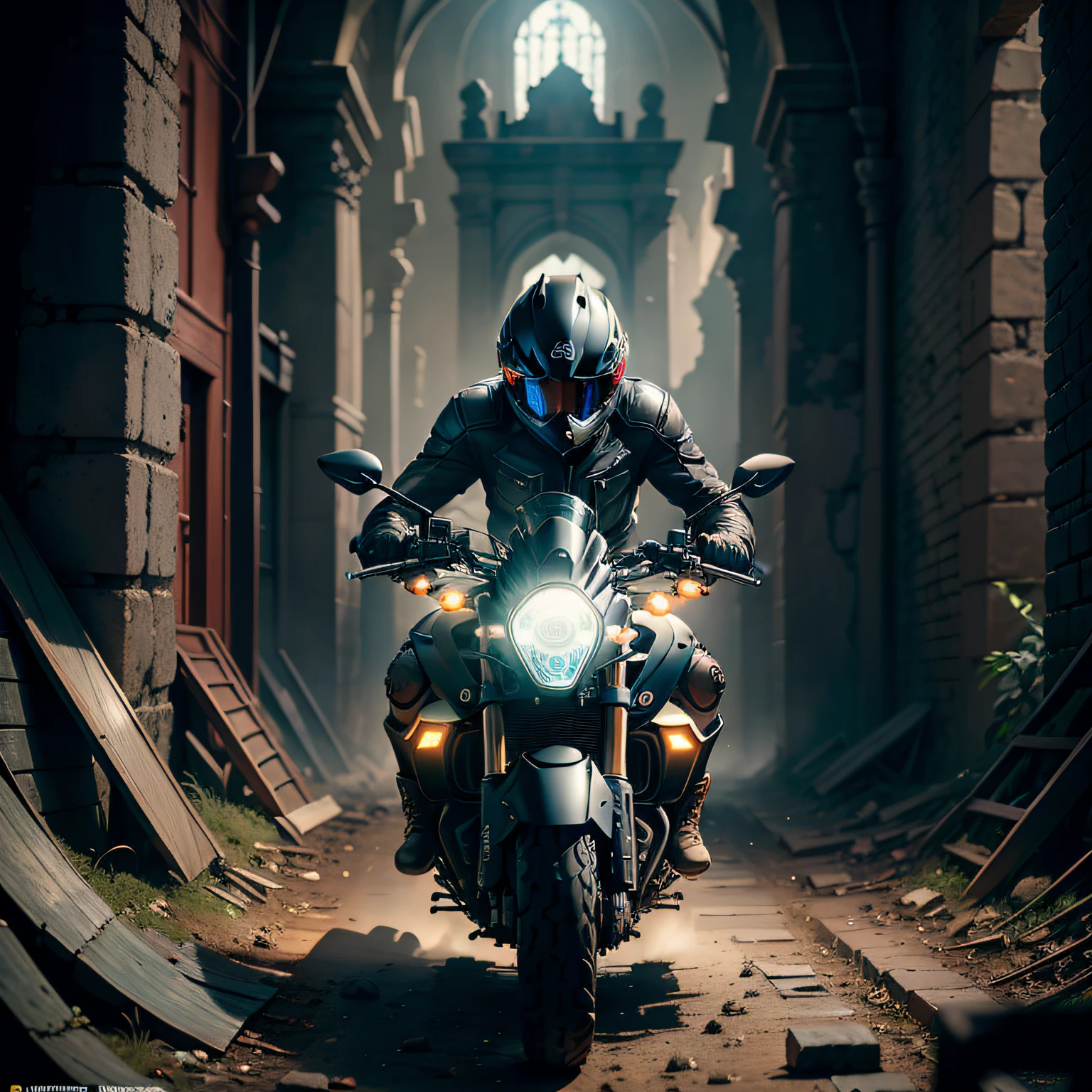 "Uma obra-prima ultra-detalhada, dark ruins with intricate details emphasized . The realism of the image is highlighted by the delicate lighting, a better quality and ultra-detailed illustration.Criar uma imagem de um garoto encima de uma motocicleta yamaha mt03, no qual esta em frente a um predio com um banner escrito:mil motos" --auto
