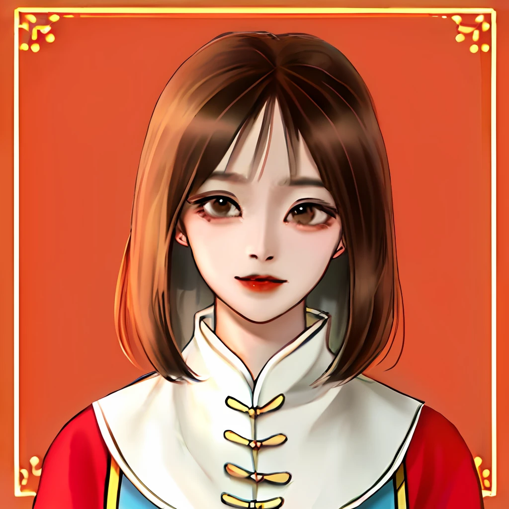 Maruko head girl,brown hair,Red cheongsam