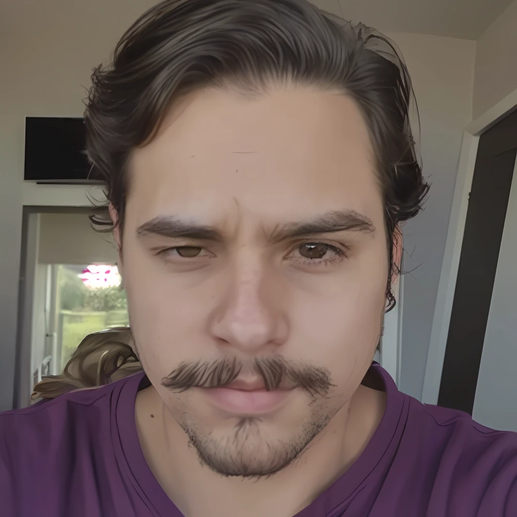 There's a man in a purple shirt and a white shirt, no facial features, rosto largo raspado limpo, sem bigode, sem barba e bigode, rosto raspado limpo, restolho no rosto, restolho raspado, with detailed facial features, no facial features, raspado limpo largo largo face larga, ligeiro restolho, pelos faciais curtos