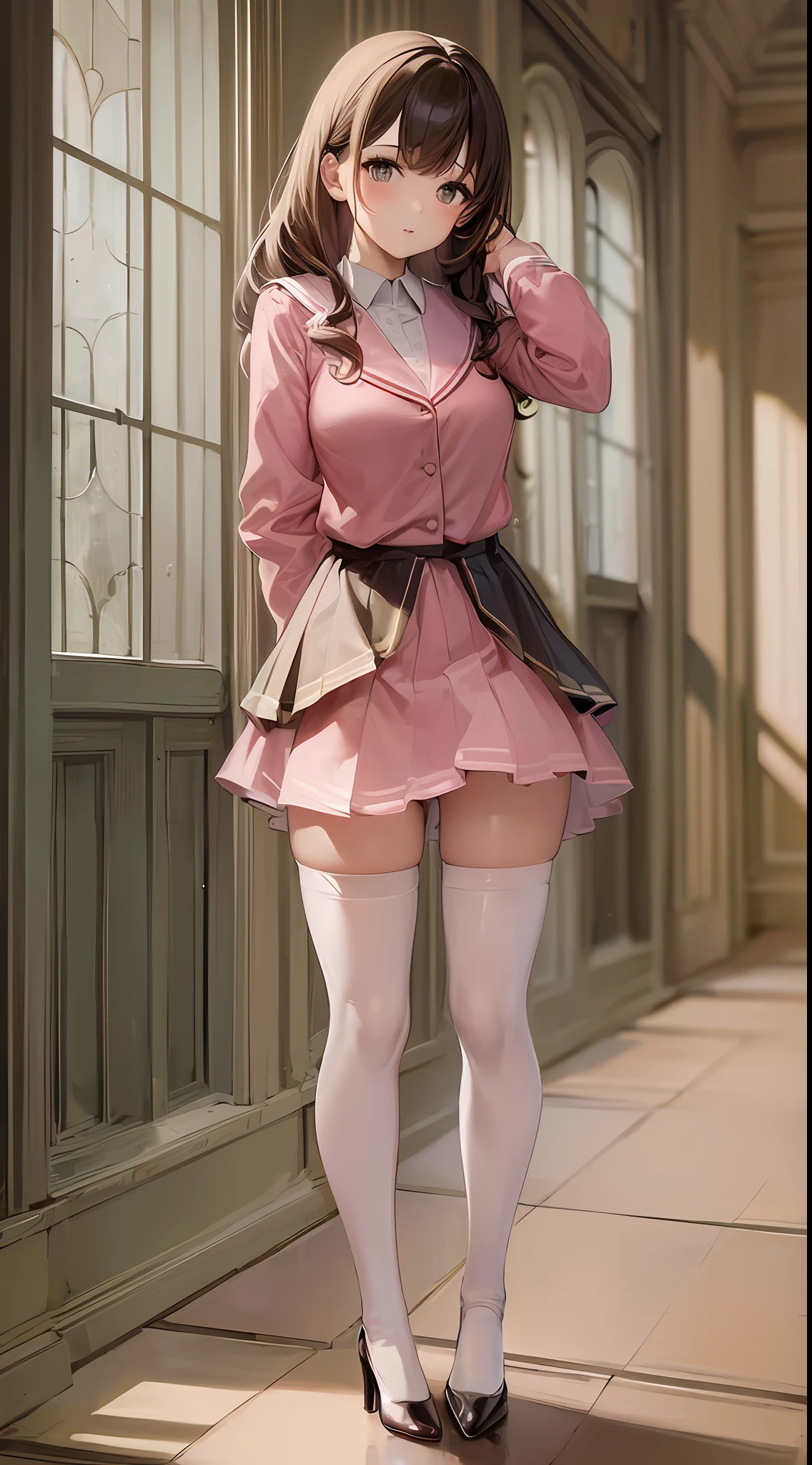 ((Masterpiece, highres)), 1girl, solo, brown hair, curly hair, confident, elegant, rich girl, (((pink school uniform, white thighhighs, black high heels))), pose