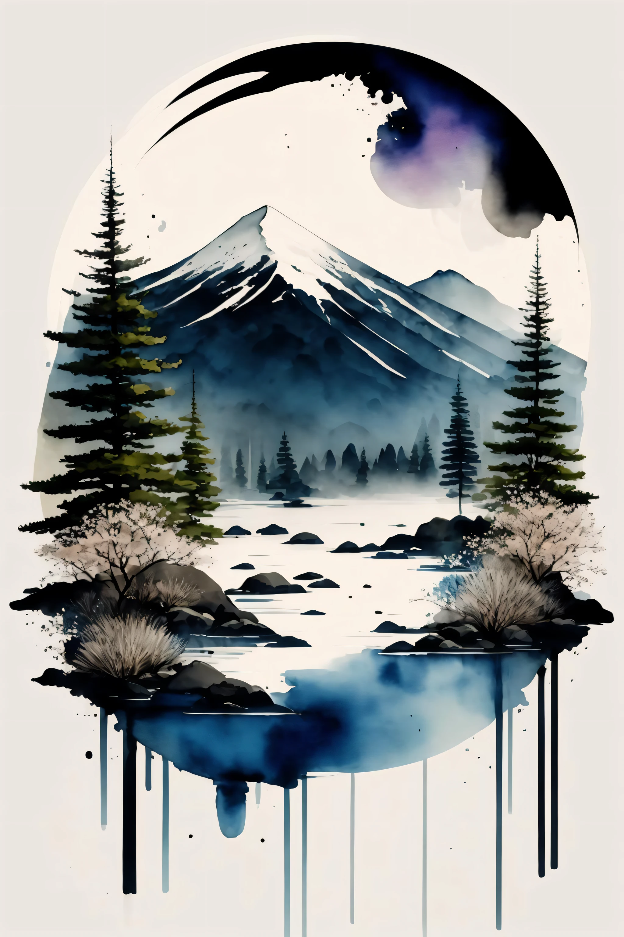 white background, scenery, watercolor, mountains, water, trees, moon, colorful,