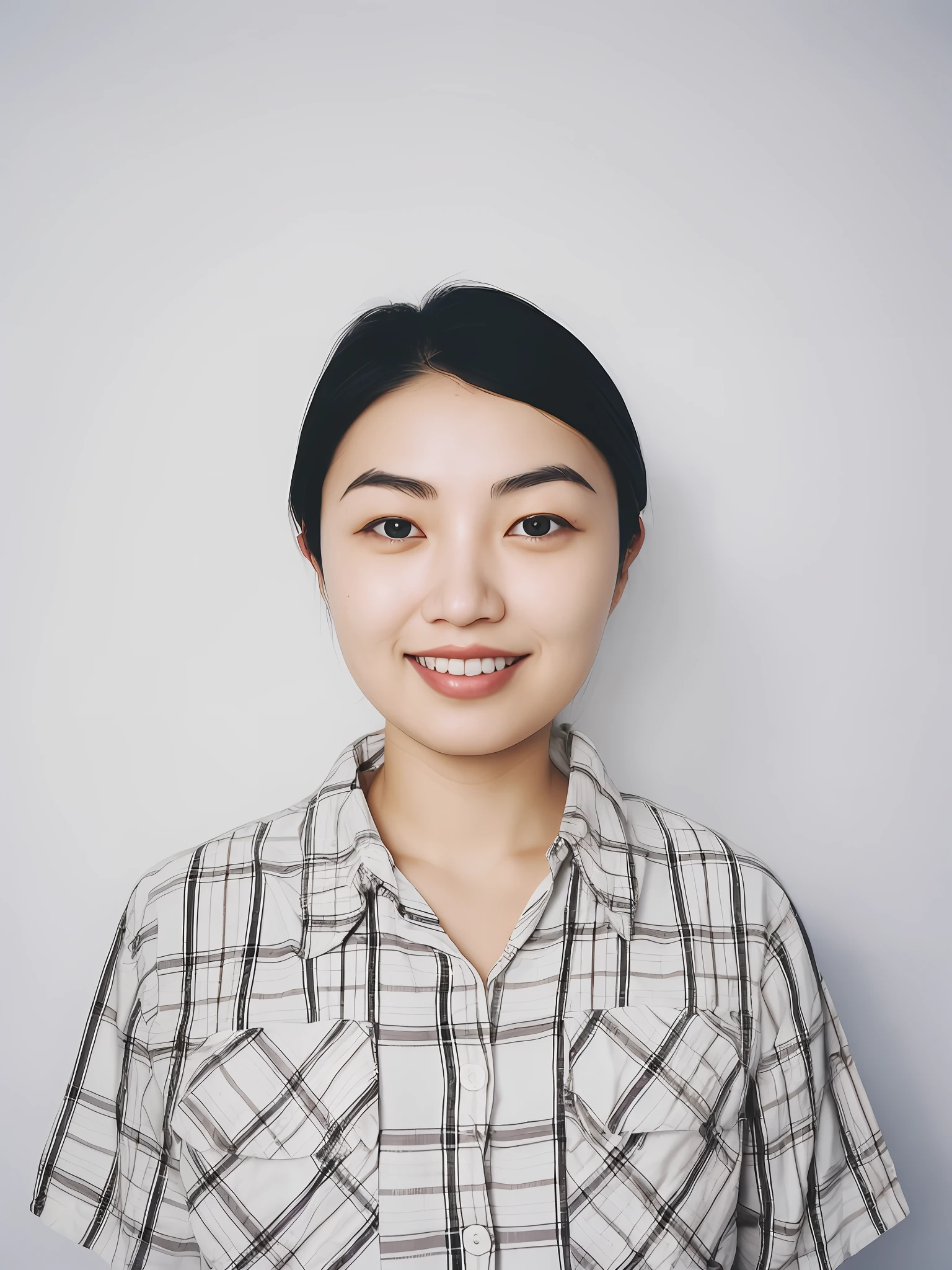 Smiling woman wearing plaid shirt，Take a photo posing against the white wall, Korean symmetrical face, A young Asian woman, Zhang Wanting, Young Asian woman, chengyou liu, portrait of christy ren, jeremy cheung, wenfei ye, Korean woman, south east asian with round face, xision wu, Zhang Pengzhen, wideangle portrait, a close up portrait photo