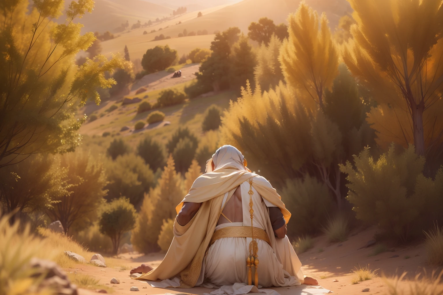 ground view, natural light, golden hour, Israelite prostrate in the wilderness in worship of God, focus on historical garment, Old Testament, 4k, HDR