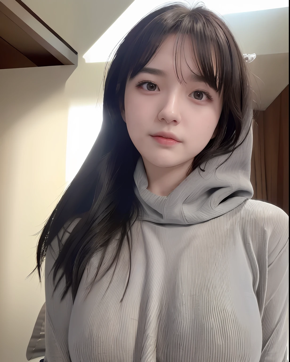 (((1 girl))), (8k, best quality, masterpiece:1.2),(upper body 1:2) (realistic, photorealistic, photo-realistic:1.37), ultra-detailed, beautiful detailed eyes, beautiful detailed nose, (((balanced eyes))), ((upper body 1:2)),((big breasts)), (((sweater))), natural skin texture, 24mm, 4k textures, soft cinematic light, adobe lightroom, photolab, hdr, intricate, elegant, highly detailed, sharp focus, ((((cinematic look)))), soothing tones, insane details, intricate details, hyperdetailed, low contrast, soft cinematic light, dim colors, exposure blend, hdr, faded, slate atmosphere,  (((cloak)))