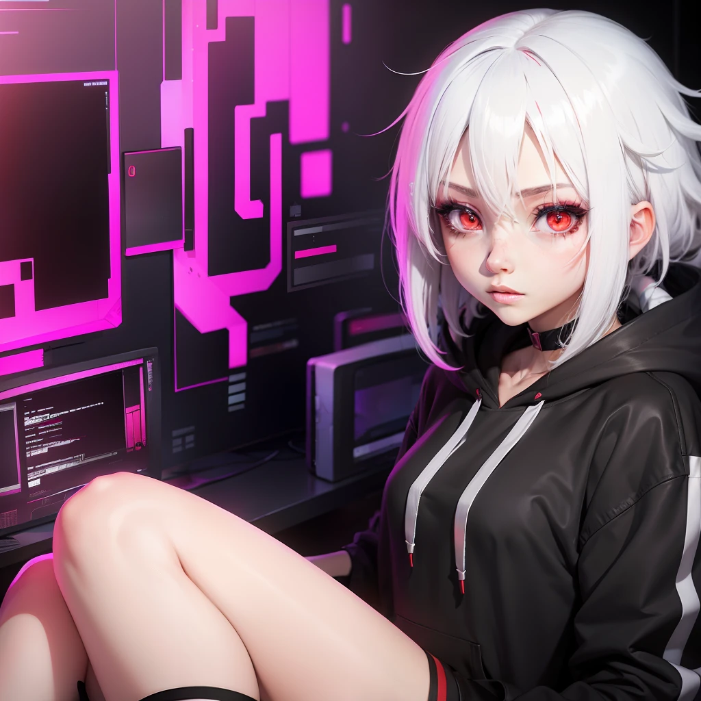 Anime, hoodie, short straight layered white hair, red eyes, glitchy, gamer girl, woman, glitch background