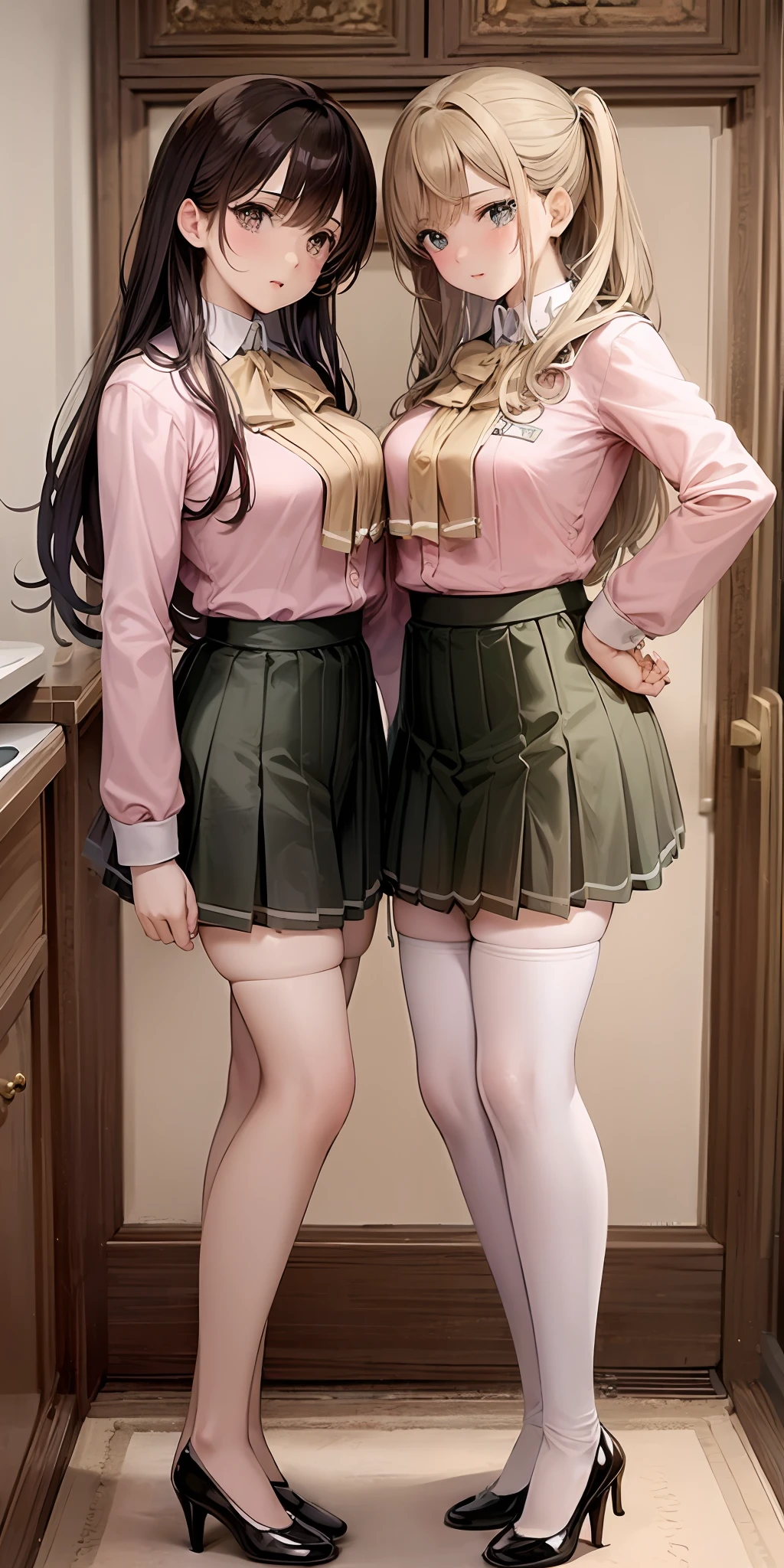 ((Masterpiece, highres)), 2girls, duo, twins, ((one brown haired girl, one blonde girl)), long hair, curly hair, matching hairstyles, different hair color, confident, elegant, rich girls, emotionless, arms at sides, straight backs, (((matching outfits, identical outfits, pink school uniforms, sexy school uniforms, white thighhighs, long white socks, black high heels))), standing at attention, shoulder to shoulder, same pose, mansion