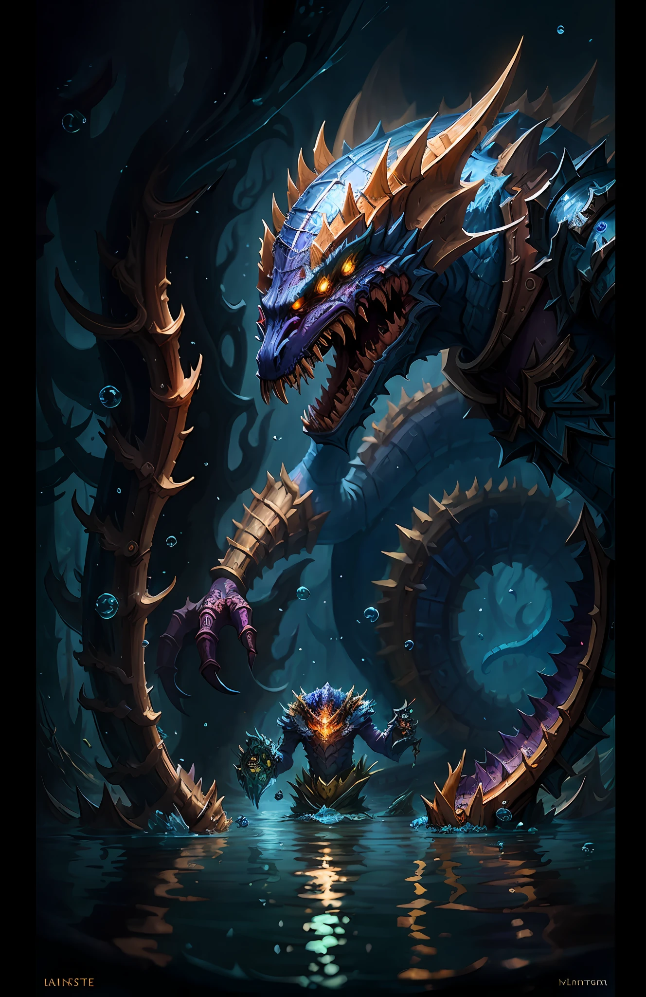 ((A monster that lives in water)),,Full shot,Hearthstone painting style, Anthropomorphic expressions, Rich colors, Exquisite details, Masterpiece, Realistic,artsation, CG, Realistic, illusory engine , Real light and shadow, Beautiful rich colors, Amazing details, High quality