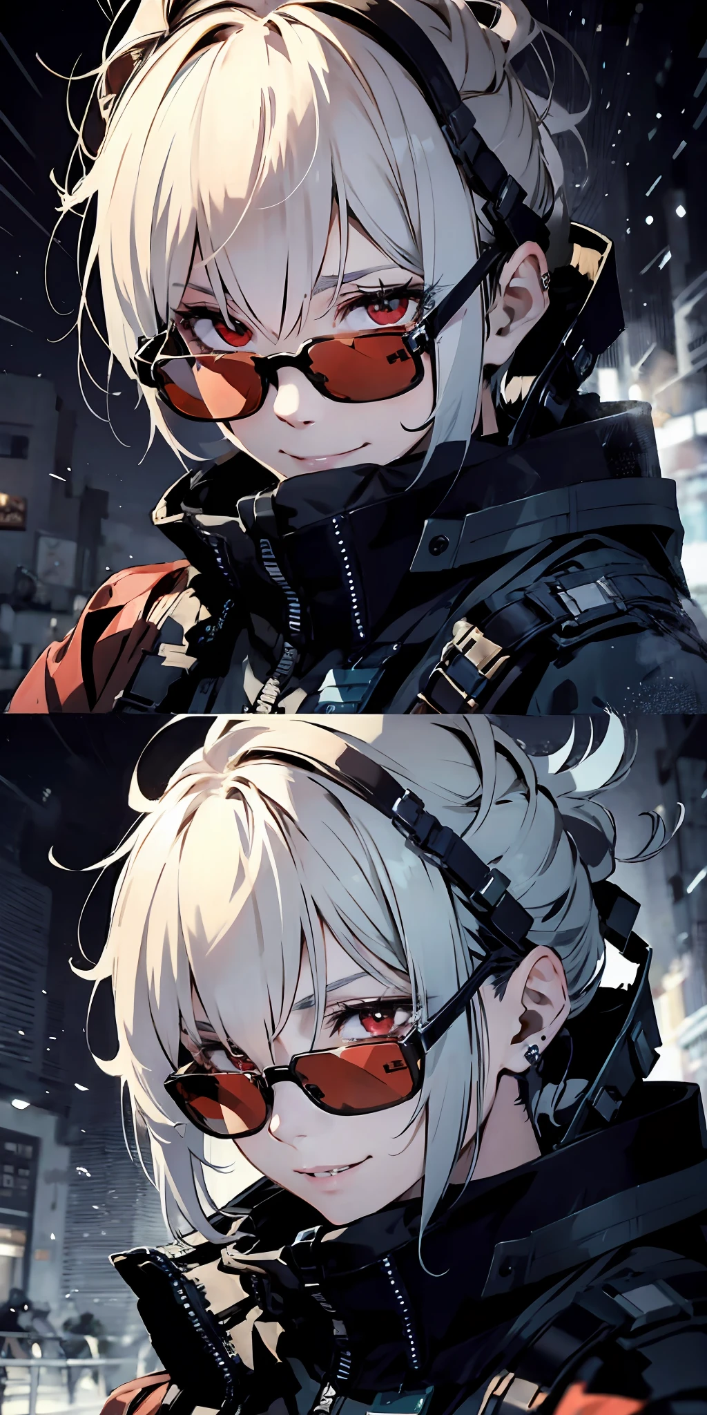 Absurd resolution、hight resolution、(masterpiece:1.4)、ultra-detailliert、From above、1 beautiful man、Boy Universe、masterpiece, accel_nffsw, (mad face:1.2), (Crazy smile:1.3), Silvery hair,red eyes glowing, Lunette de soleil,up close shot, Swirling wind, Lightning around the character, Complex background of the night, ighly detailed, (murky:1.3), murky, The dim, nffsw, vignettes, Unclean、eye glasses、Lunette de soleil、Bold kanji symbol background