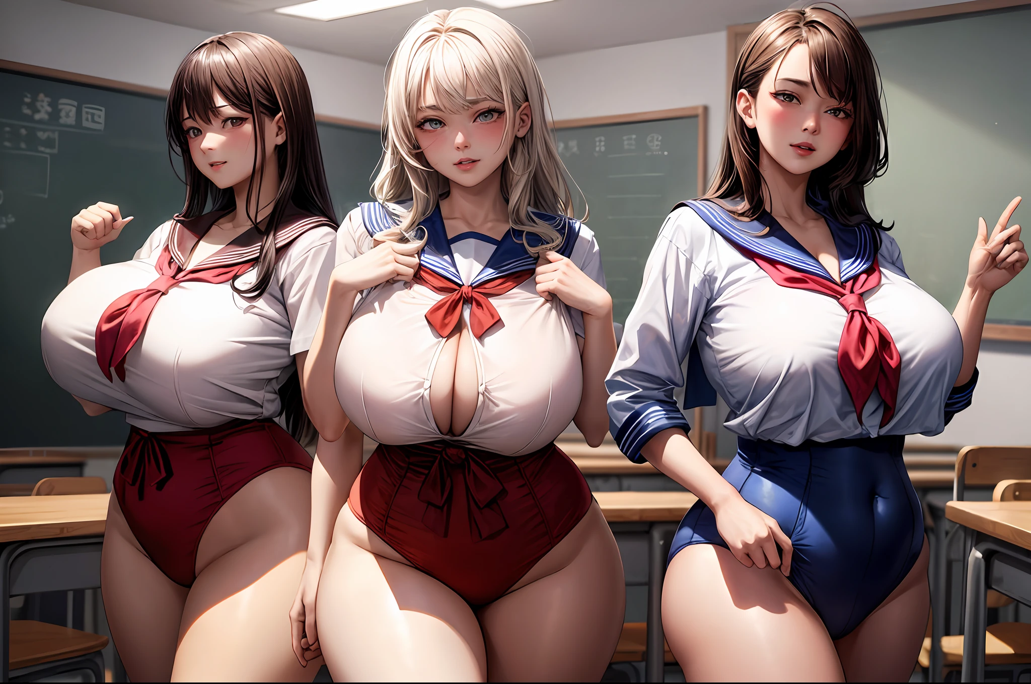 masterpiece, top-quality,, (face perfect:1.1) , (high detailing:1.1), Curvaceous, Wide waist, s lips,、(Colossal tits:1.1)、cleavage of the breast、Bites into the skin、(thick thight:1.1)、(3 people:1.5)、red blush、Teachers and students、(suits)、(a sailor suit)、Classroom、
