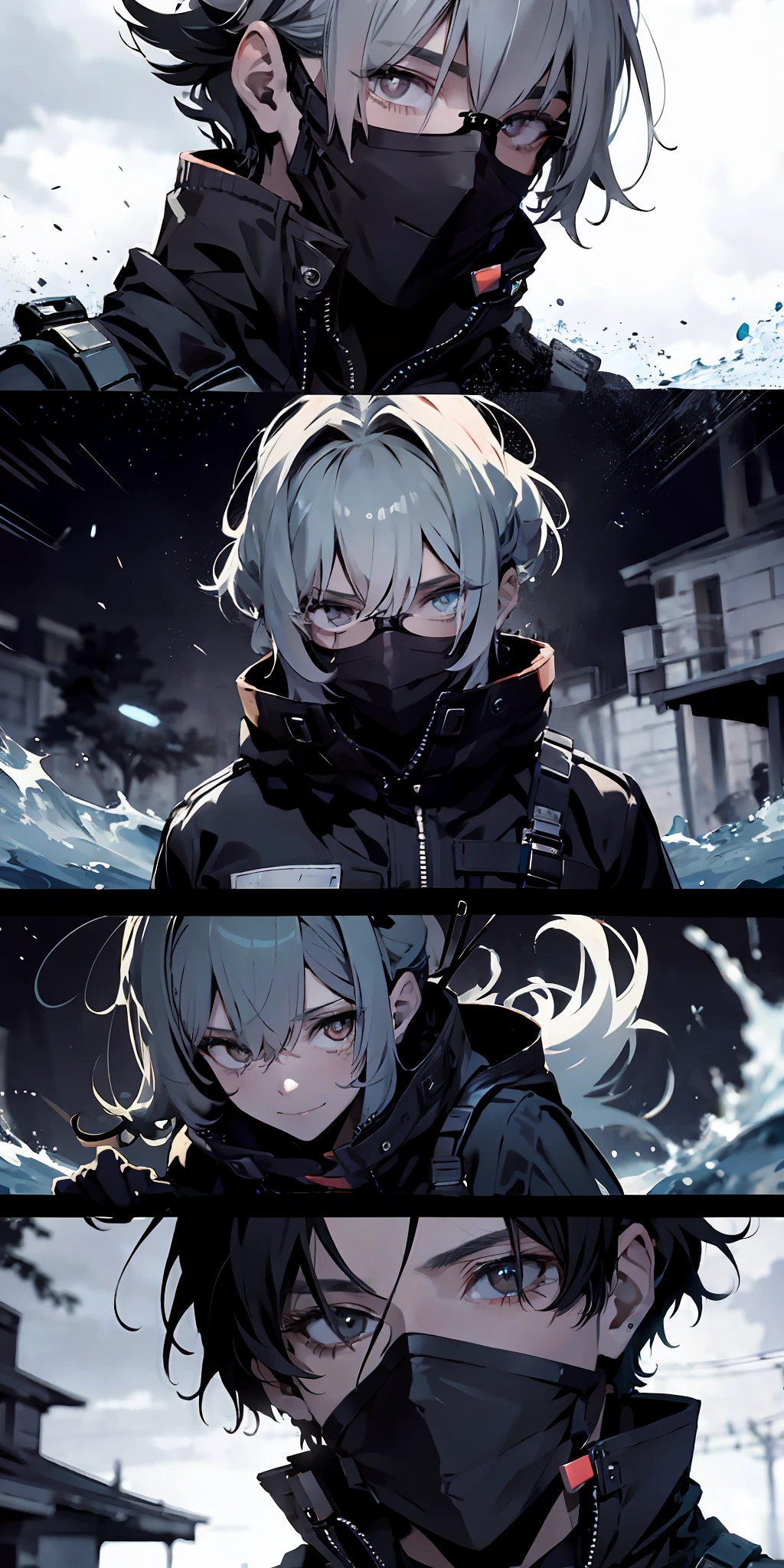 Absurd resolution、hight resolution、(masterpiece:1.4)、ultra-detailliert、From above、1 beautiful man、Boy Universe、masterpiece, accel_nffsw, (mad face:1.2), (Crazy smile:1.3), Silvery hair,red eyes glowing, Lunette de soleil,up close shot, Swirling wind, Lightning around the character, Complex background of the night, ighly detailed, (murky:1.3), murky, The dim, nffsw, vignettes, Unclean、eye glasses、Lunette de soleil、Bold kanji symbol background