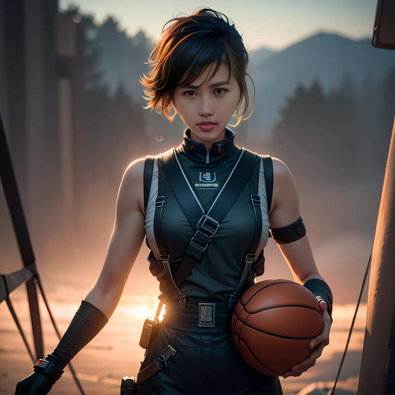 telephoto lenses，photorealisti，cyber punk perssonage，eventide，Suspenders，epic lighting，filmgrain，Unity rendering，Holding a basketball，short detailed hair，wilderness --auto