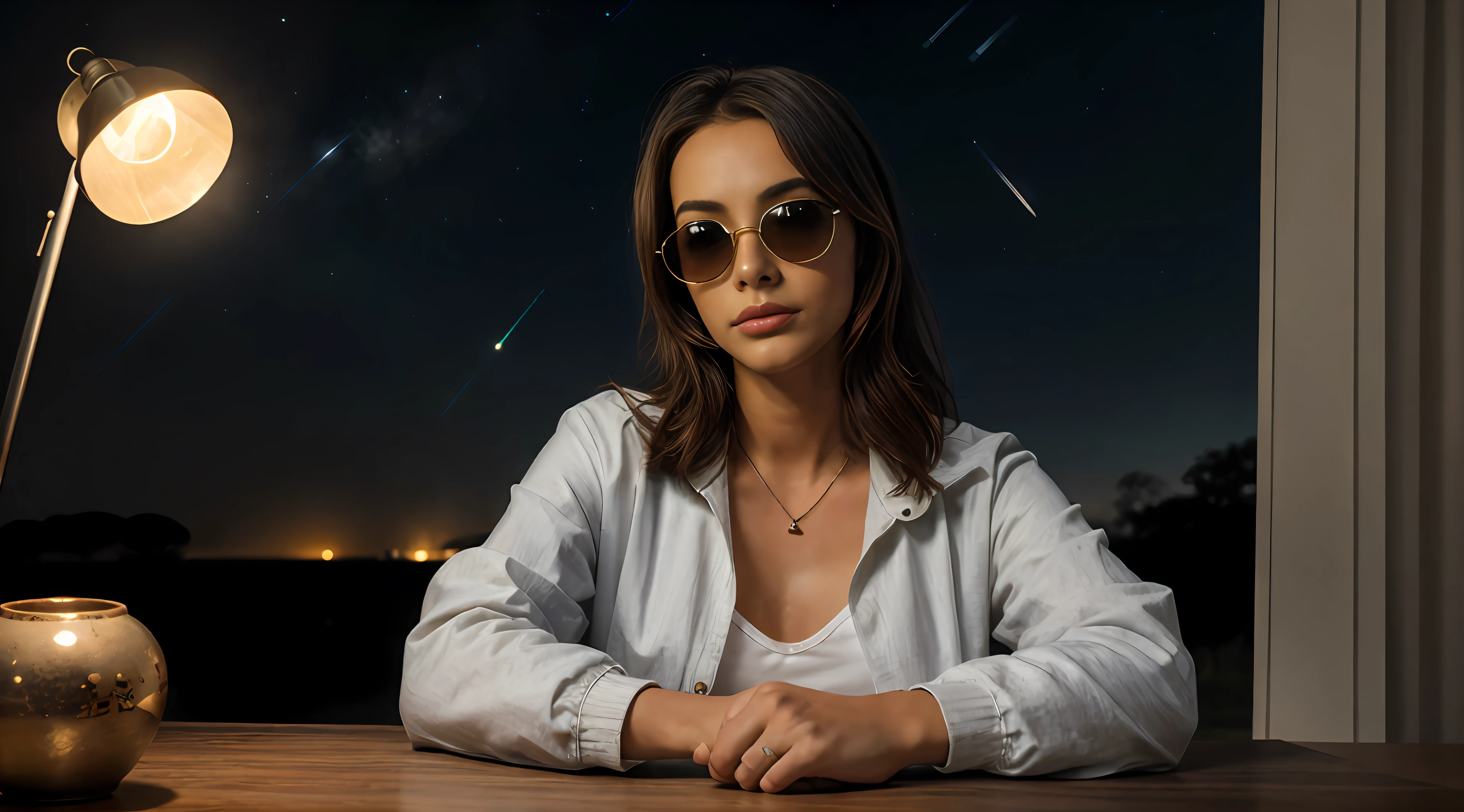 garota adolescente, fine lips, is wearing sunglasses, wearing a jacket, mhtv escrito em sua jaqueta, with his arms on a table, The table has a lamp and decorative astronomy objects, He's in a dark room decorated with an astronomy theme....., The photo is ultra realistic, 8k, efeitos de luzes vermelhas, .....RAW, (8k, melhor qualidade, obra-prima: 1.2), (detalhes intrincados: 1.4), (fotorrealista: 1.4), soft studio light, Anel luminoso, detalhes vibrantes, Ultra Detalhado, textura de pele realista, rosto detalhado, unidade 8k papel de parede, maquiagem, fundo detalhado