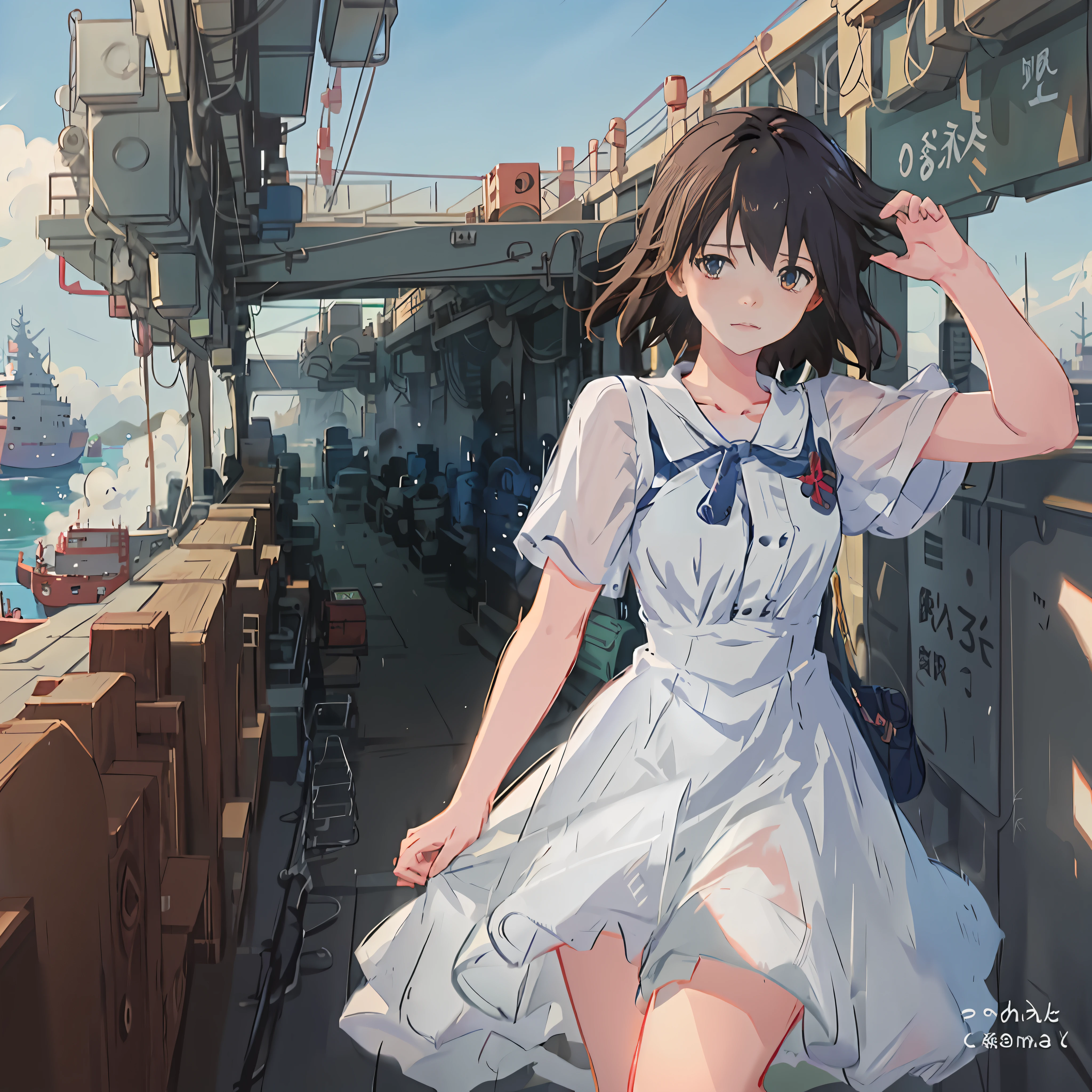 Girl wearing a white dress on board, Guviz-style artwork, Makoto Shinkai and Artgerm, Guviz, Makoto Shinkai. A digital rendering, Makoto Shinkai. High detail, Guweiz on ArtStation Pixiv, in the style of makoto shinkai, Guweiz in Pixiv ArtStation,Rich background,Port vessels