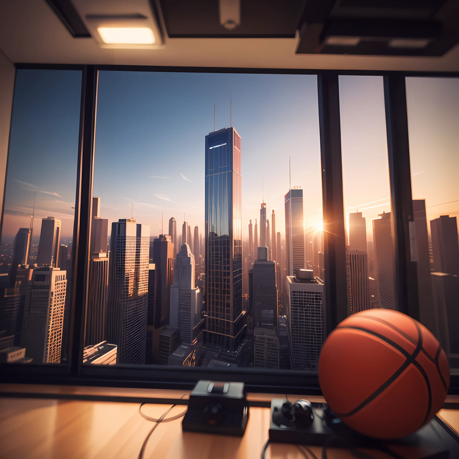 telephoto lenses,photorealisti,eventide,Suspenders,epic lighting,filmgrain,Unity rendering,Holding a basketball,urban skyline,stereoscopic perspective --auto