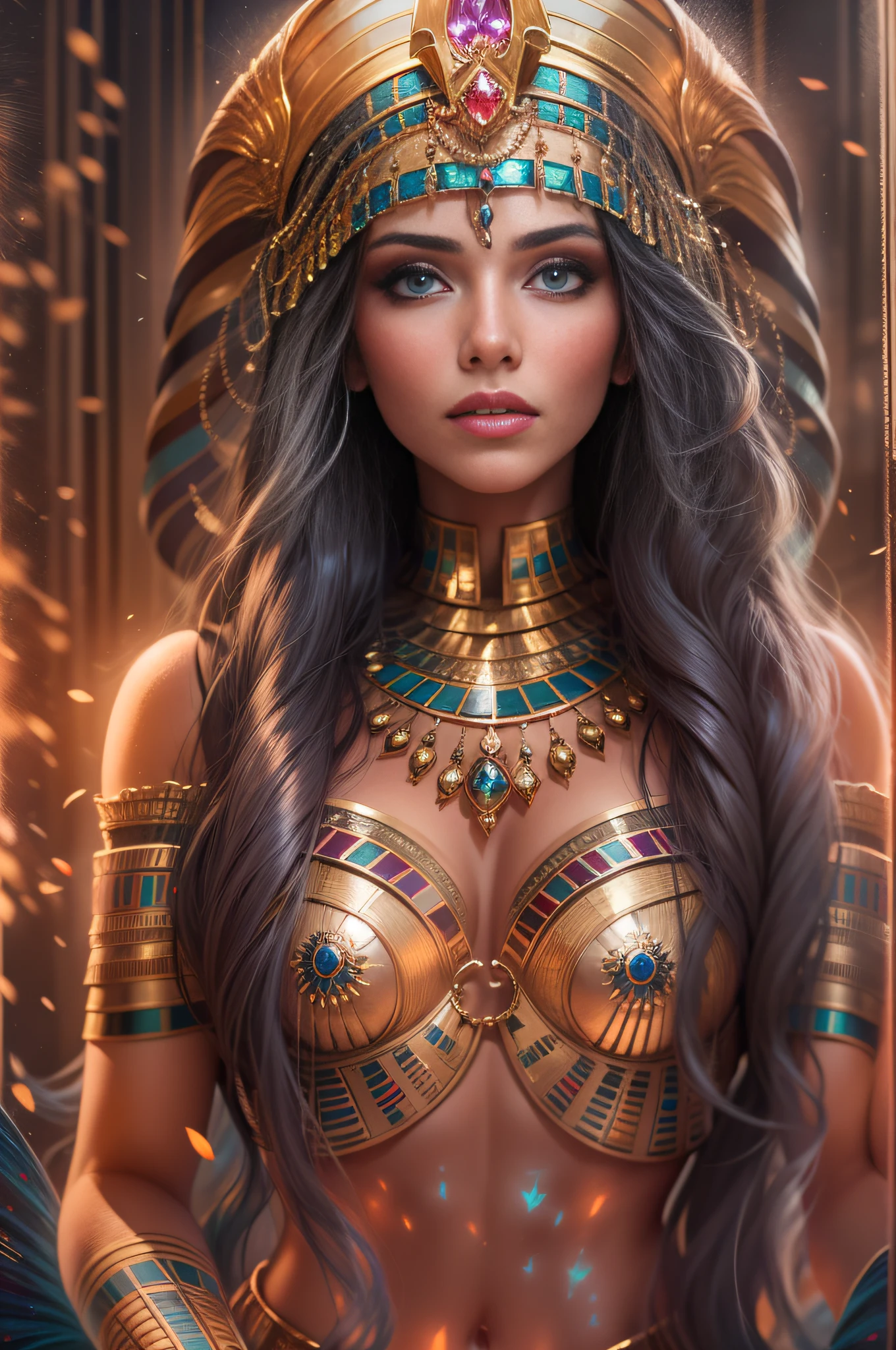 One very beautiful woman looking back at you, dressed like an Egyptian queen, ridiculously long hair, shiny hair, expressive hair, crystal hair, gradient eyes, artistic, conceptual art, glitter Effect, Glow, UHD, Retina, Masterpiece, Accurate, Anatomically Correct, Ultra Detailed, High Detail, Fine Skin