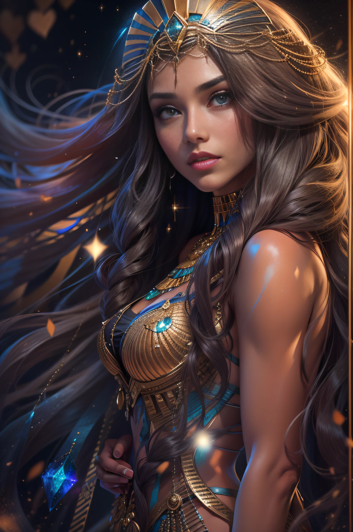 One very beautiful woman looking back at you, dressed like an Egyptian queen, ridiculously long hair, shiny hair, expressive hair, crystal hair, gradient eyes, artistic, conceptual art, glitter Effect, Glow, UHD, Retina, Masterpiece, Accurate, Anatomically Correct, Ultra Detailed, High Detail, Fine Skin