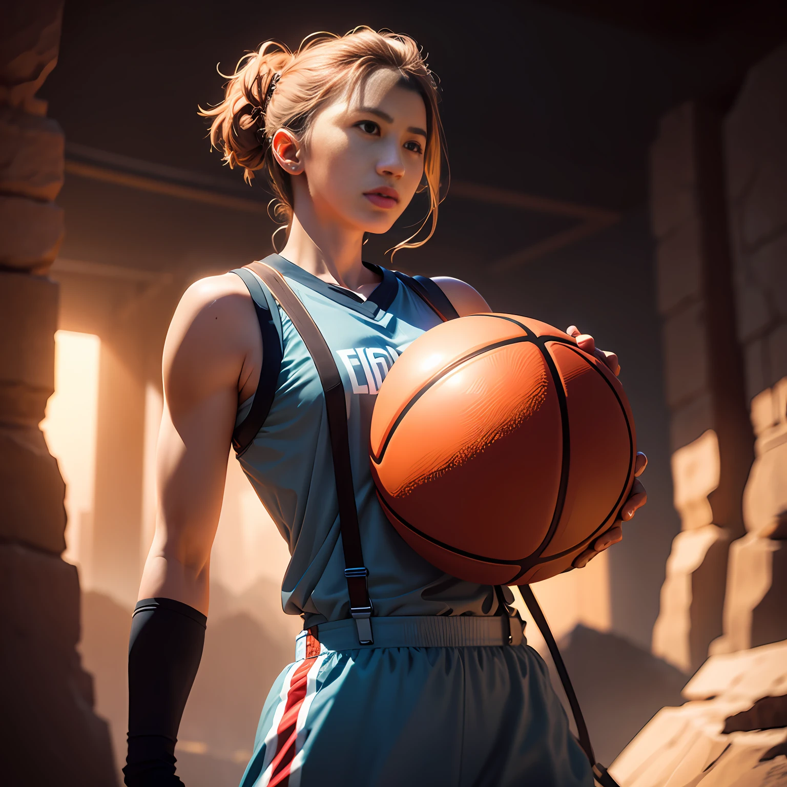 telephoto lenses,photorealisti,canyons,eventide,Suspenders,epic lighting,filmgrain,Unity rendering,Holding a basketball --auto