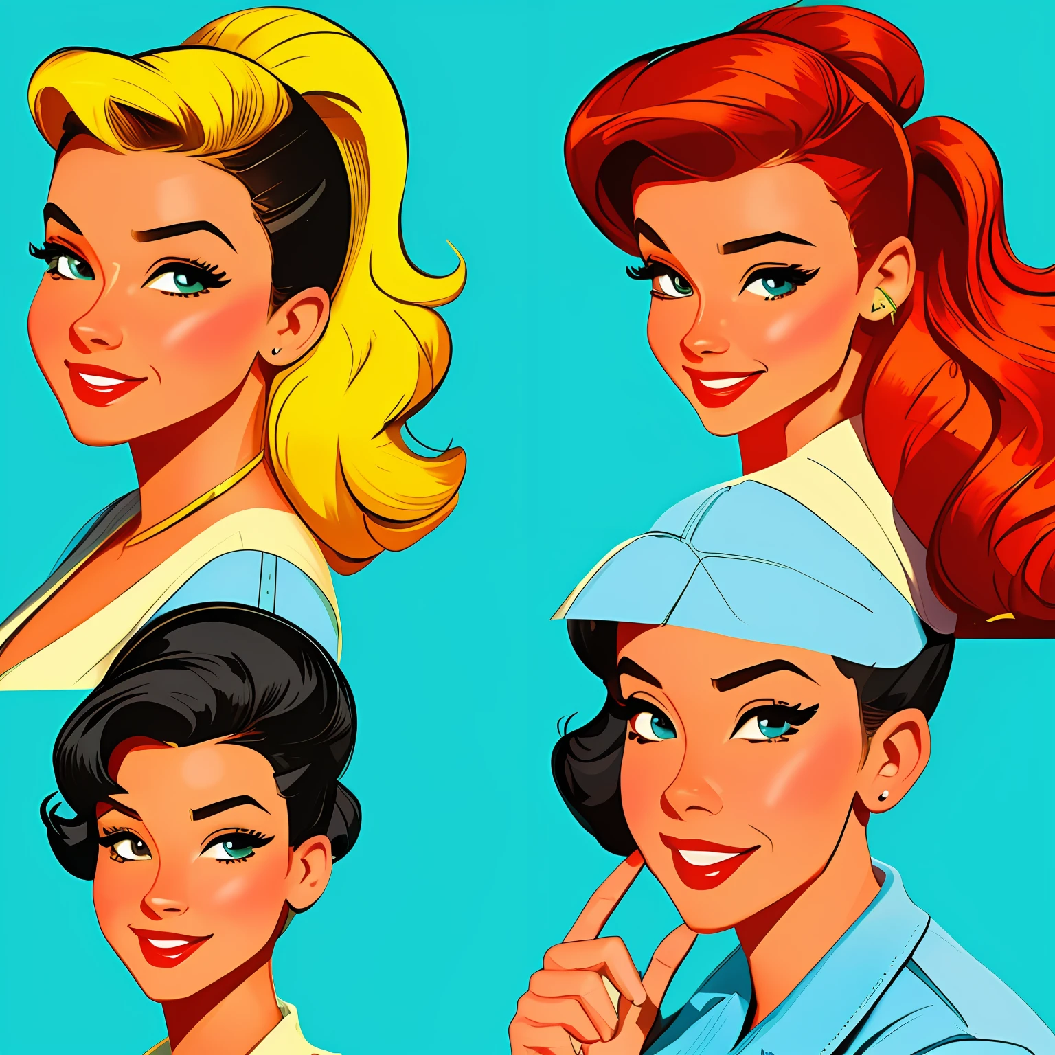 Portrait of one pin-up woman in clothes on a light background. digitalpainting, higly detailed, Bright, but harmonious colors. Different postures and proud facial expressions. digital art cartoon, comic pinup style, Full-color illustration --auto