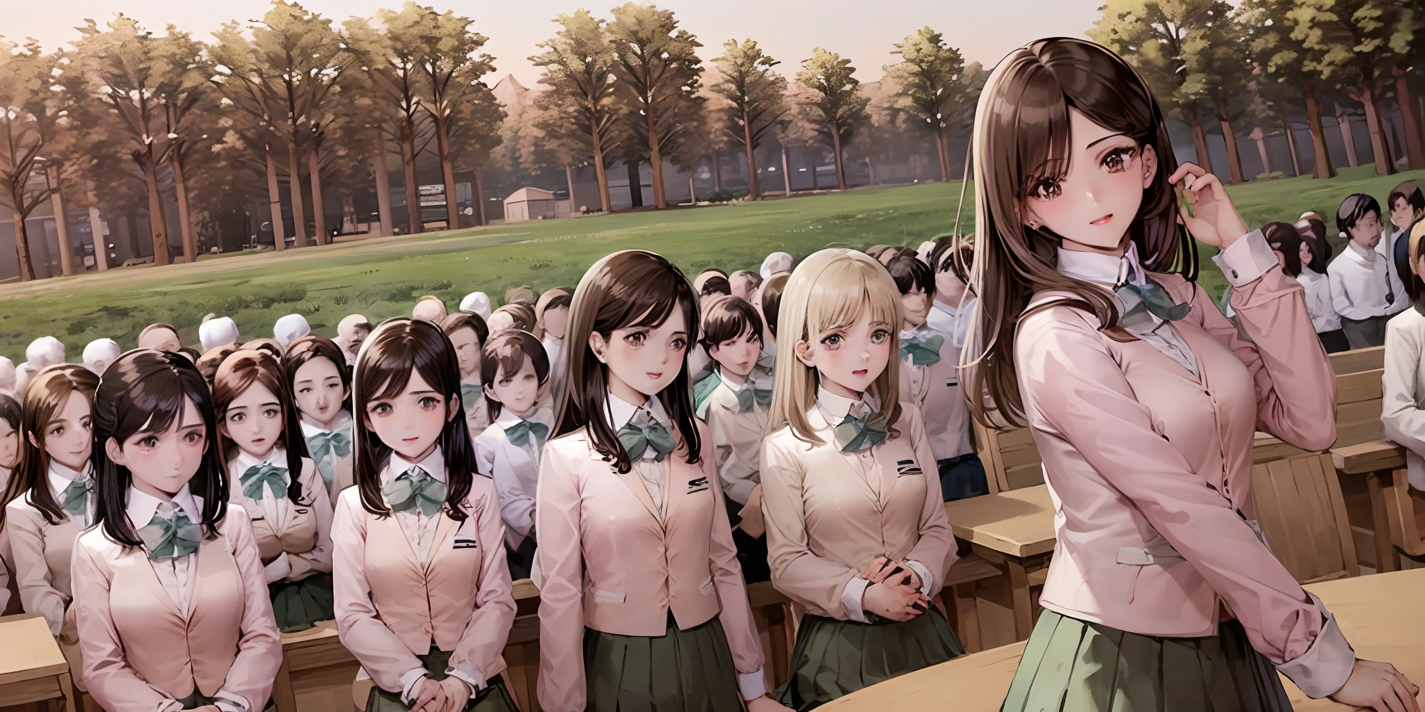 ((Masterpiece, highres)), ((thousands of, crowd of)), girls, group, clones, (( brown haired girls, blonde girls)), long hair, curly hair, matching hairstyles, different hair color, confident, elegant, rich girls, emotionless, arms at sides, straight backs, (((matching outfits, identical outfits, pink school uniforms))), standing at attention, shoulder to shoulder, same pose, sisters in neat rows, many rows, crowd shot