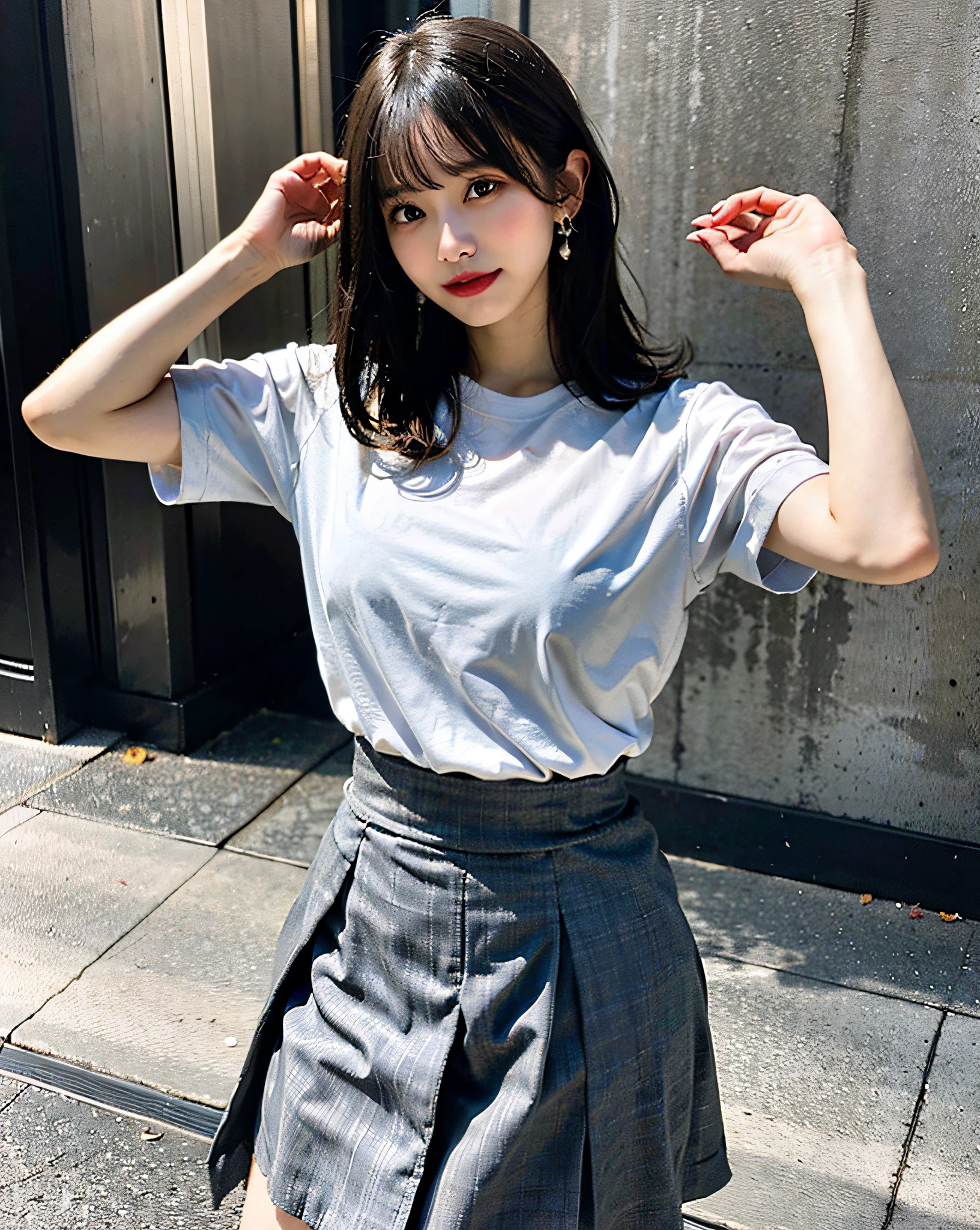 NSFW、top-quality、Hi-Res、8K、Girl 1 Mature Mature Mature Woman Person、during the day、、A dark-haired、short-cut、with light glowing、Luxury、(Medium Hair)、Beautiful earrings、(dynamicposes:0.8)、(fullllbody:1.2)、Soft breeze、shinny skin、line of sight、Bust、crotch grab、Bust、Slim Fit Ruffled Skirt,gray tailored jacket,Office,Upper body、(shirts lift:1.5)、(up skirt:1.5)、White panty、(squatt:1.5)