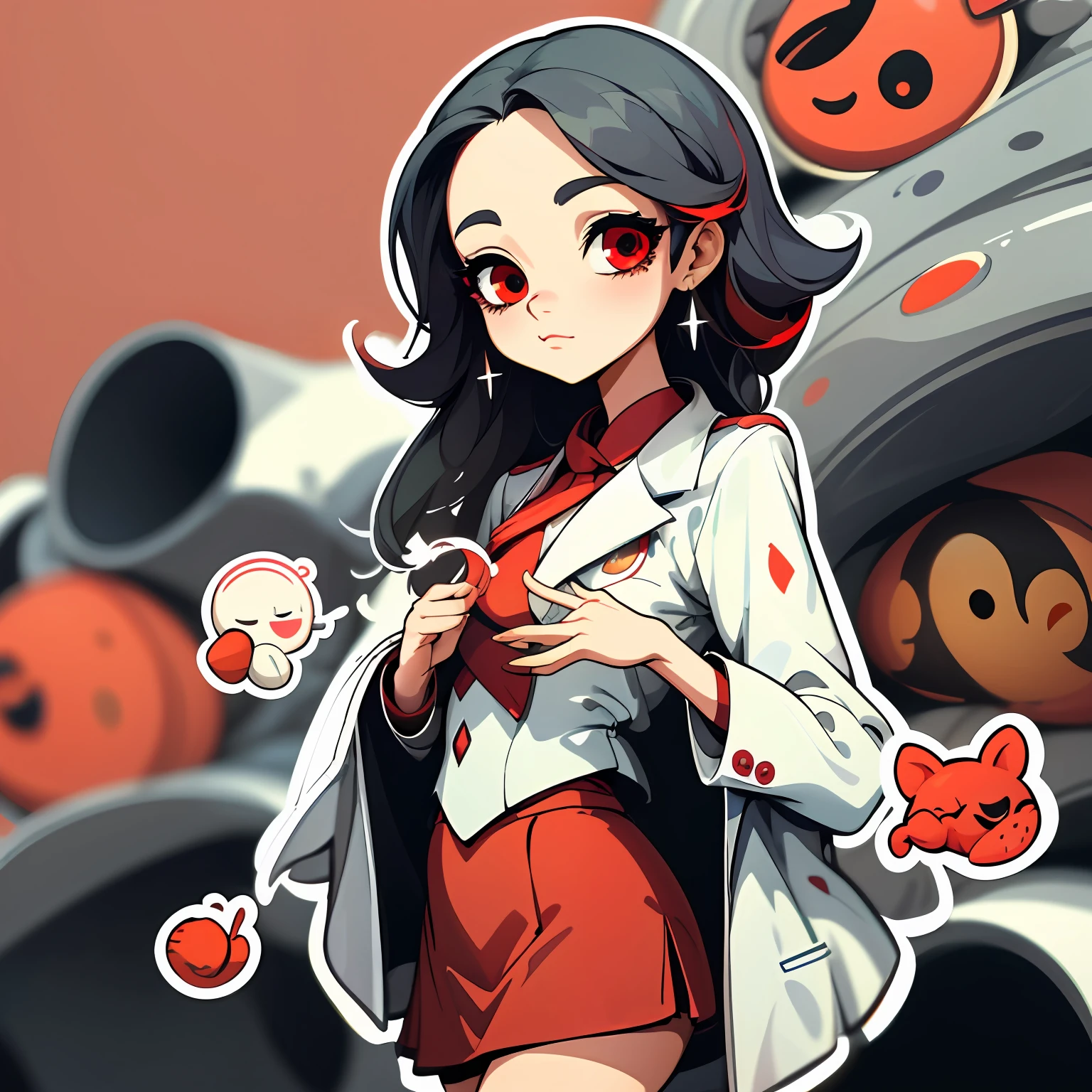 1sticker,Handbook,(a sticker,1 beautiful women,A half body,cabelos preto e longos,Show forehead,white suit jacket,Red skirt,red color eyes), white backgrounid, simple backgound, dk, adolable, Little big breasts柄, pastel colour, vectorstyle, no gradien