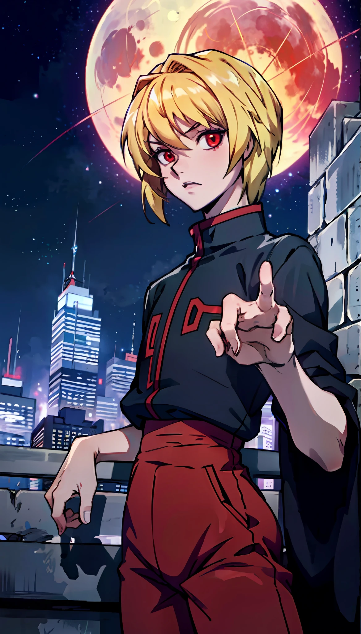 (cowboy  shot), SFW, (​masterpiece), (top-quality:1.0), (超A high resolution:1.0), Detail Eyes
break 
Kurapika、1 boy、male focus、red eyes、Surprised、pose
break
(skyscraper、On the rooftop、natta、outside of house、fullmoon、gorgeous view)