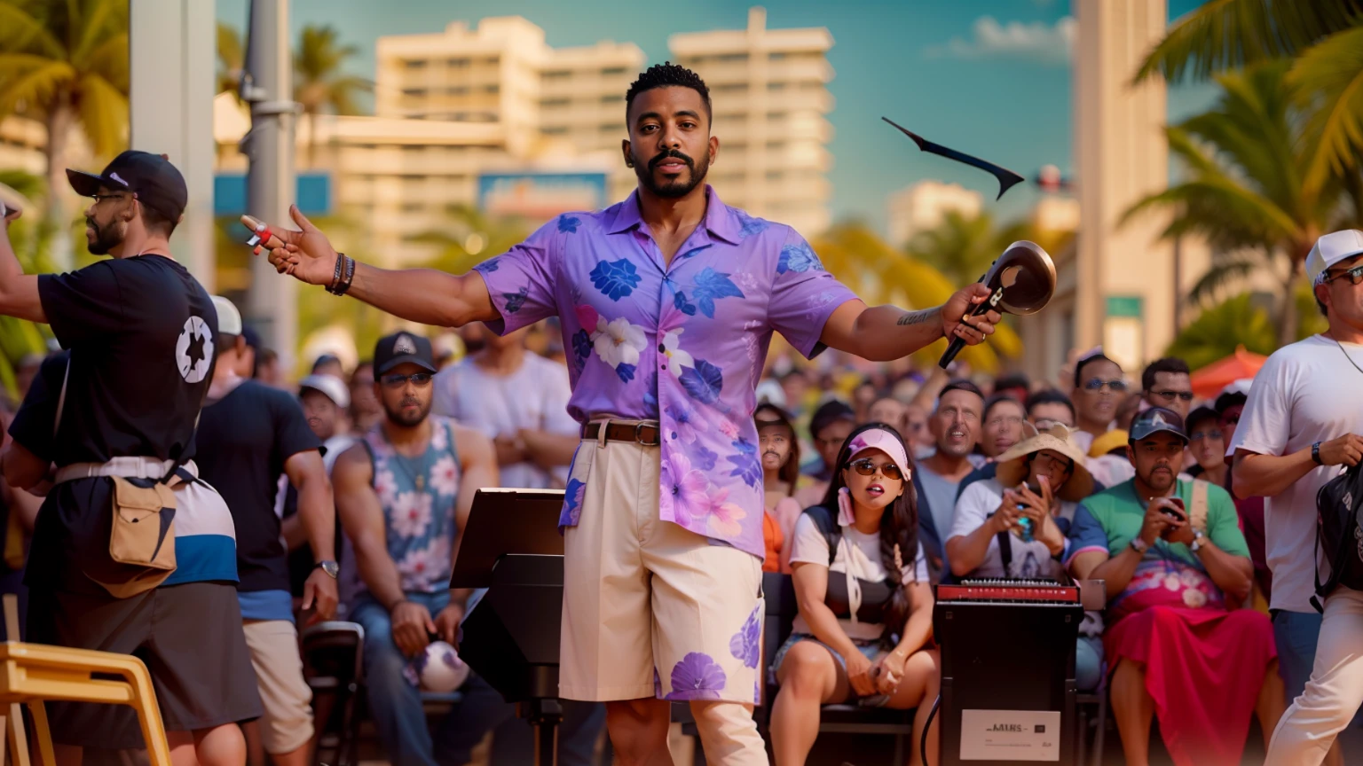 Man in Hawaiian shirt holding a bat in front of a crowd, 🌻🎹🎼, Background Story, instagram post, Fundo de primeiro plano, ástor alexander, martin sandiego, music festival, absolutamente, background is celestial, Directed by: Willian Murai, foto de perfil, Moralidade Yan, Cedric Payravernay, Executar, que bonito, solid background --auto