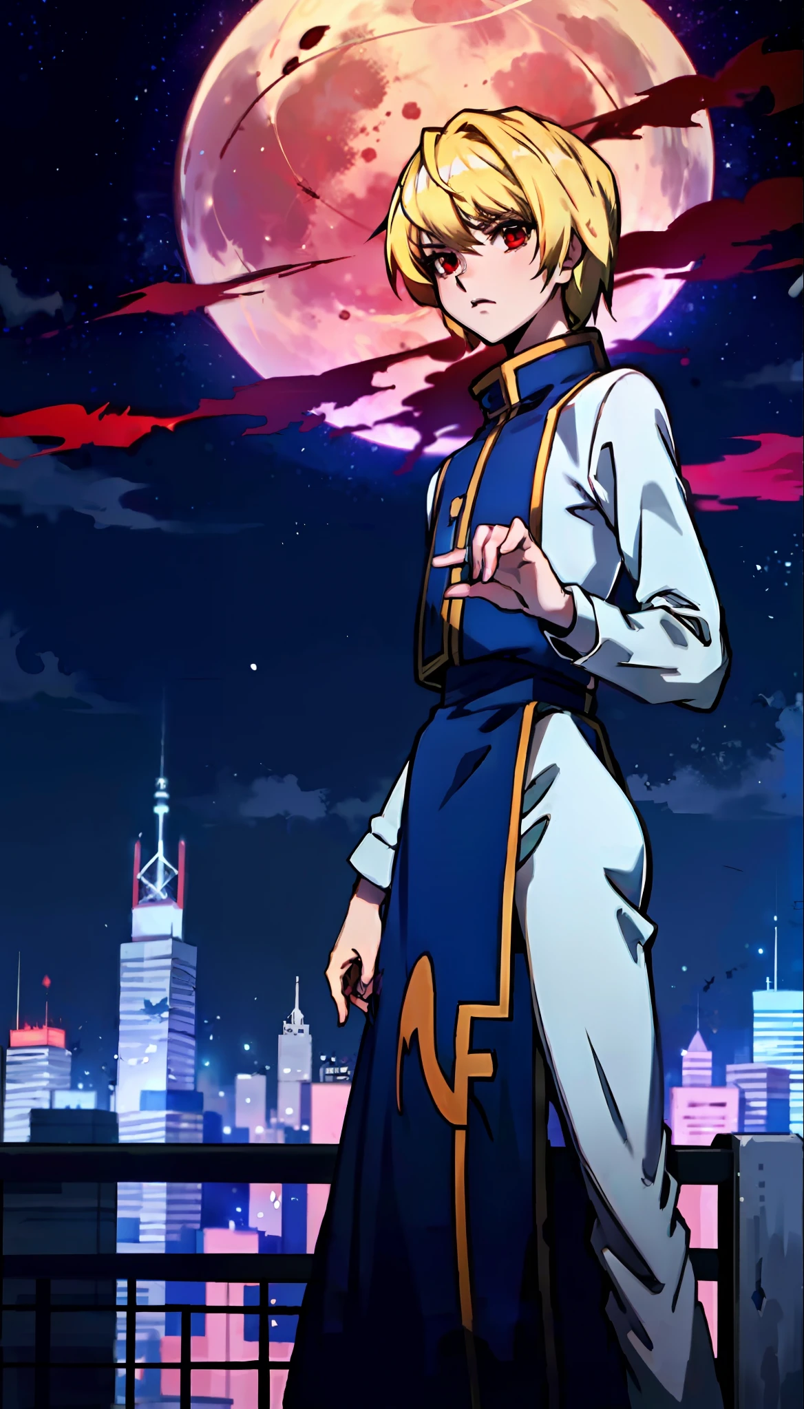 (cowboy  shot), SFW, (​masterpiece), (top-quality:1.0), (超A high resolution:1.0), Detail Eyes
break 
Kurapika、1 boy、male focus、red eyes、Surprised、pose
break
(skyscraper、On the rooftop、natta、outside of house、fullmoon、gorgeous view)