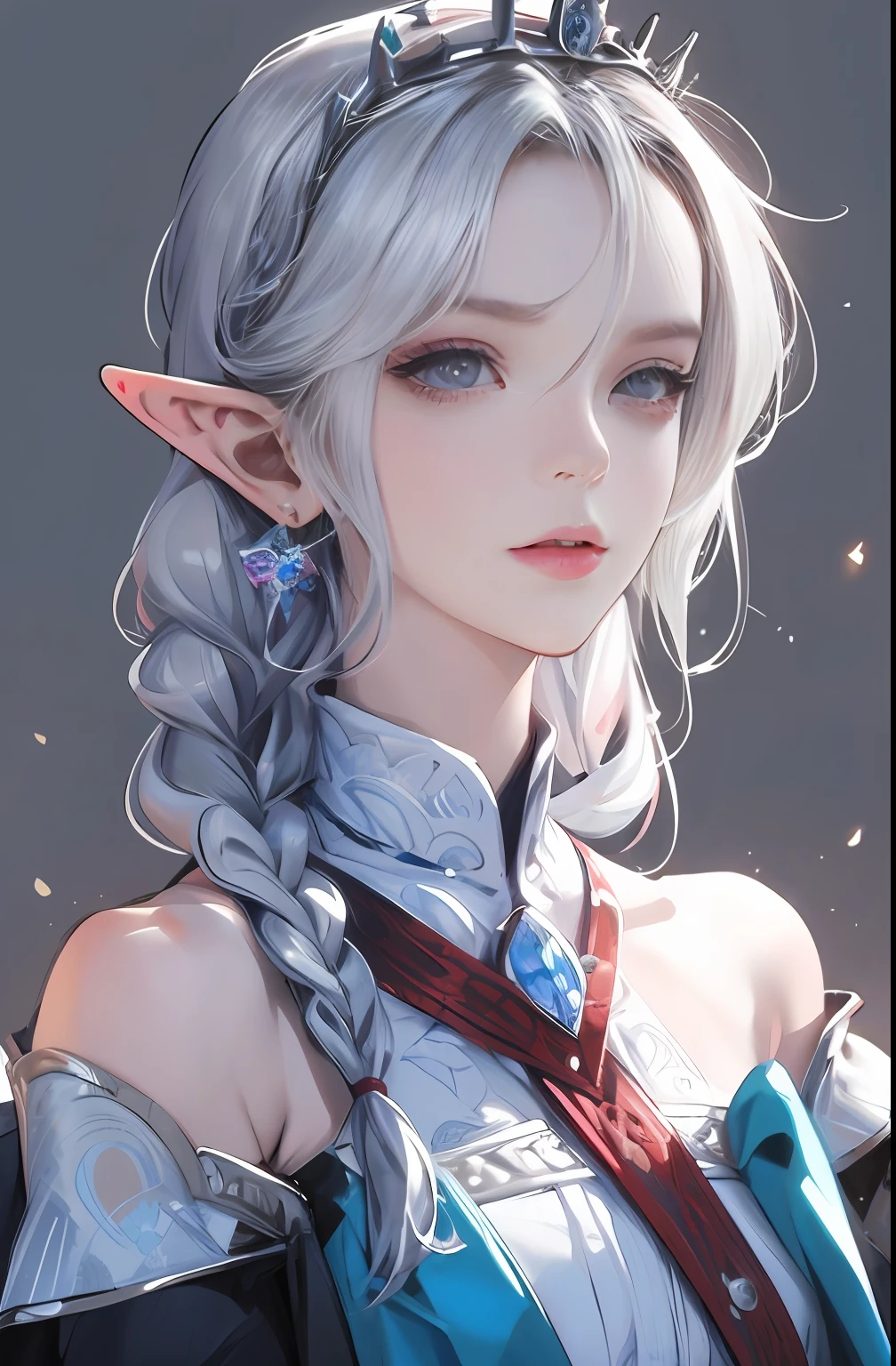 "Best Picture Quality,highly detailed,tmasterpiece,Super detailed realistic illustration,re:Emilia lives in another world from scratch,one-girl,white backgrounid,Simple background,Elaborate Eyes,Silvery hair,Purple eye,hair adornments,white offshoulder shirt,long whitr hair,pointy ears,Braided crown braids,face expressionless,hair straight,Sit Pose,sobu"